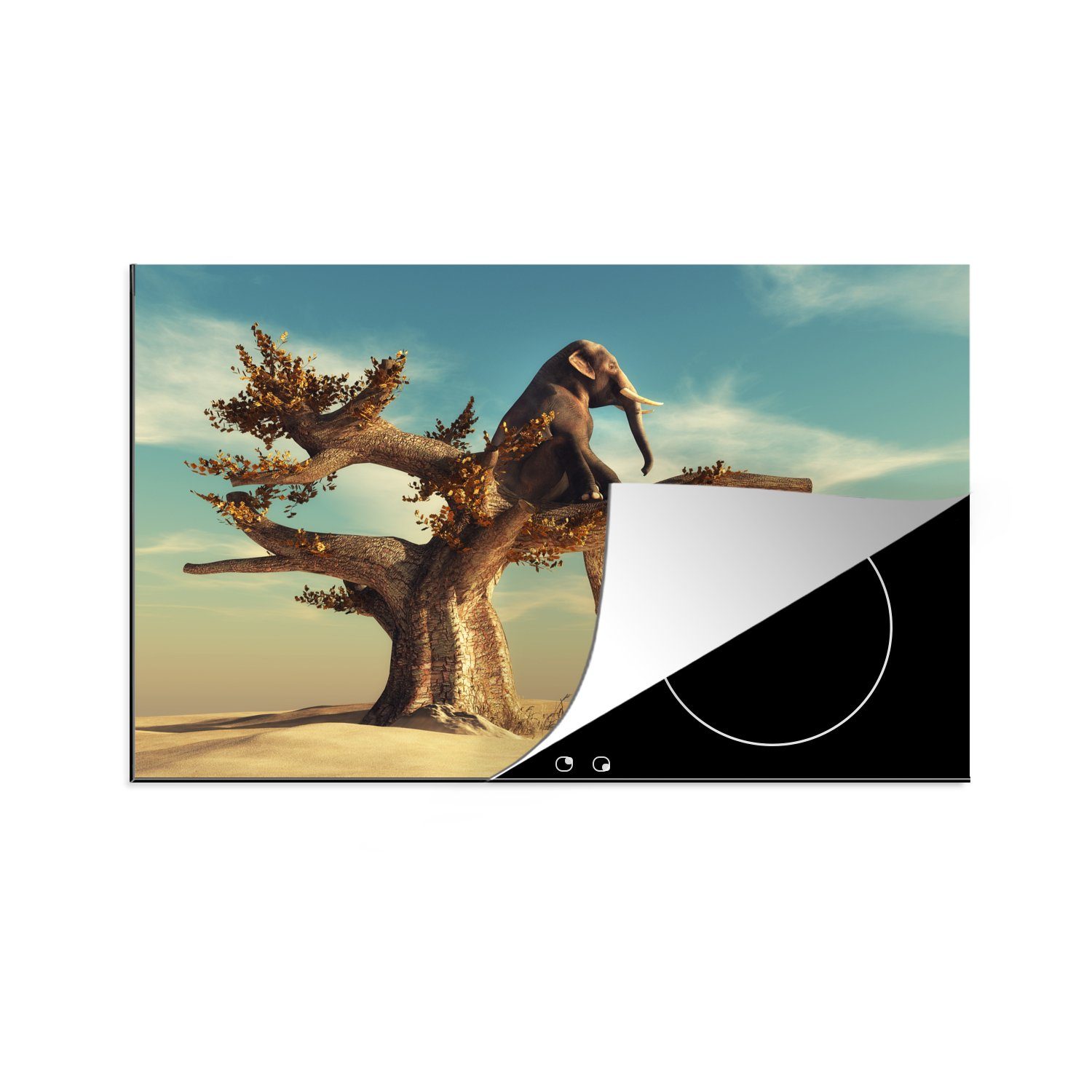 MuchoWow Herdblende-/Abdeckplatte Elefant - Baum - Natur - Wüste, Vinyl, (1 tlg), 81x52 cm, Ceranfeldabdeckung, Arbeitsplatte für küche