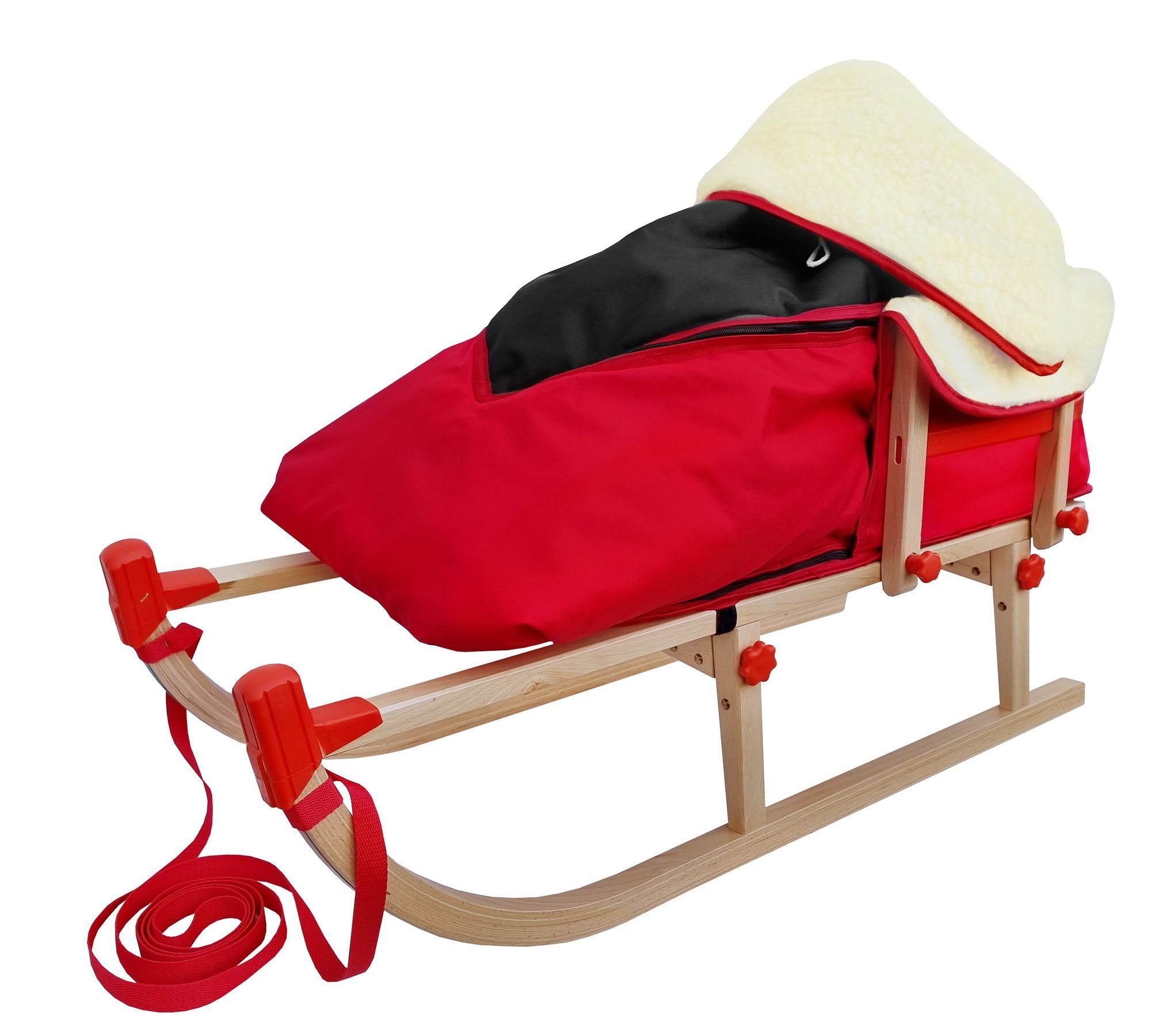 ERST-HOLZ Schlitten Davos Klappschlitten Rodelschlitten 90 aus Echtholz (mit Lehne und Fußsack rot), V-22-090 - kleiner Schlitten 90 cm - mit wählbarem Zubehör
