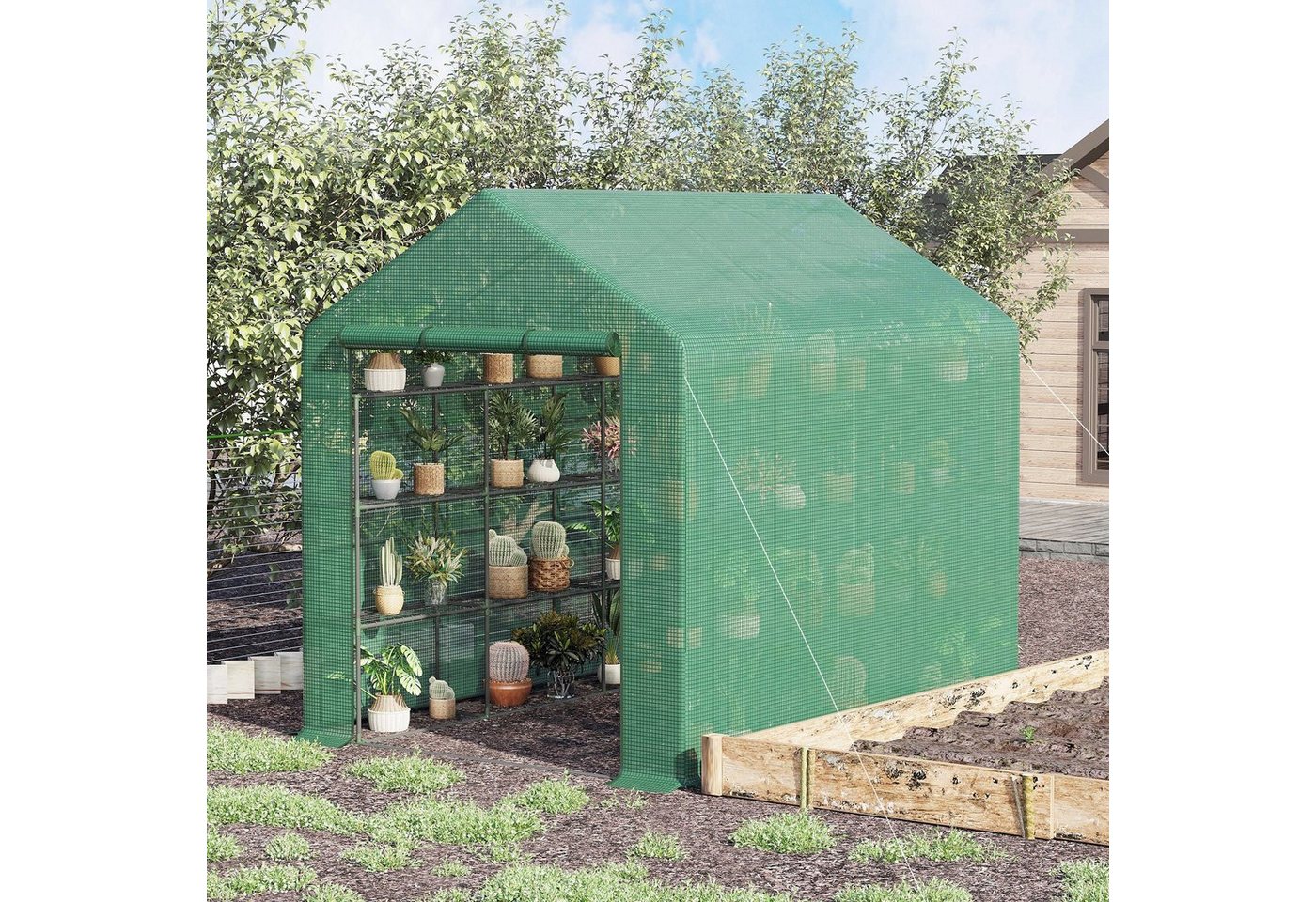 Thumbnail - Outsunny Foliengewächshaus mit 3 Regalebenen Tomatengewächshaus, BxTxH: 244 x 180 x 210 cm, BxLxH: 180 x 244 x 210 cm, T...