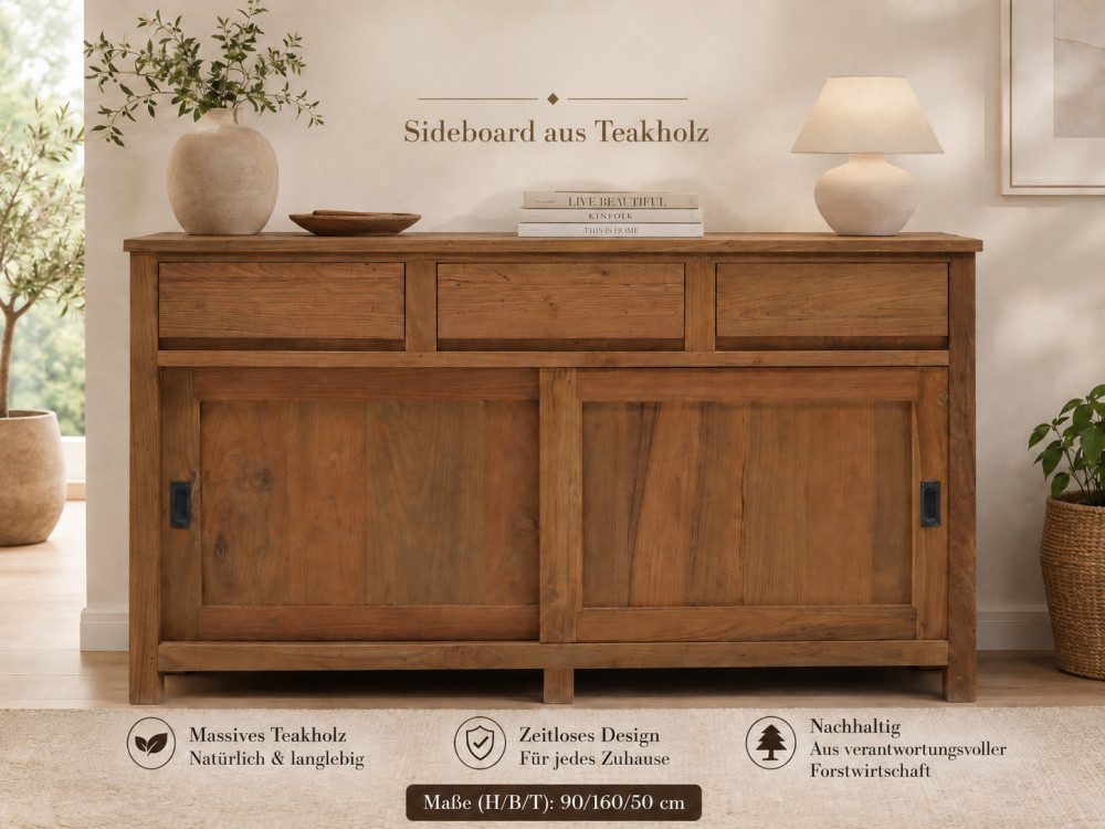 Wohnpalast Sideboard Sideboard Regensburg 160 cm - Teak massiv Kommode