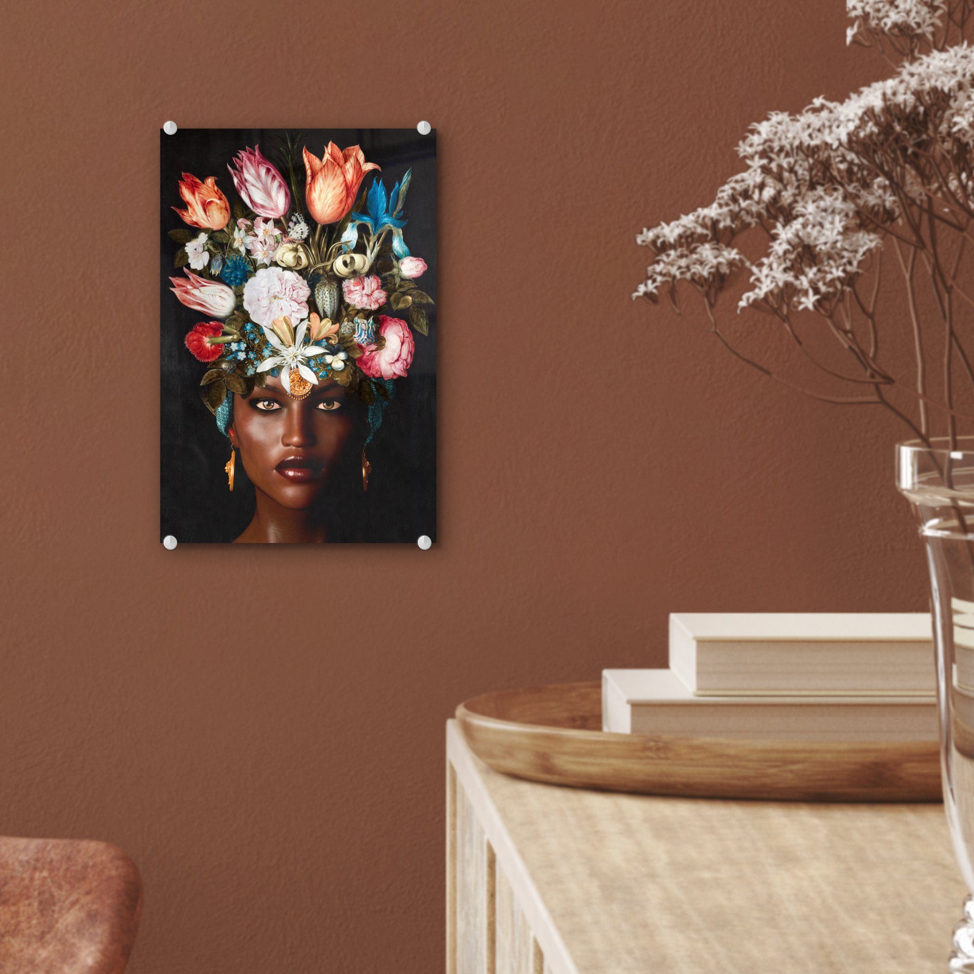 Wandbild Acrylglasbild - Bunt, Blumen - - auf Bilder - auf Glasbilder Glas Frau MuchoWow - Glas Foto St), Wanddekoration (1