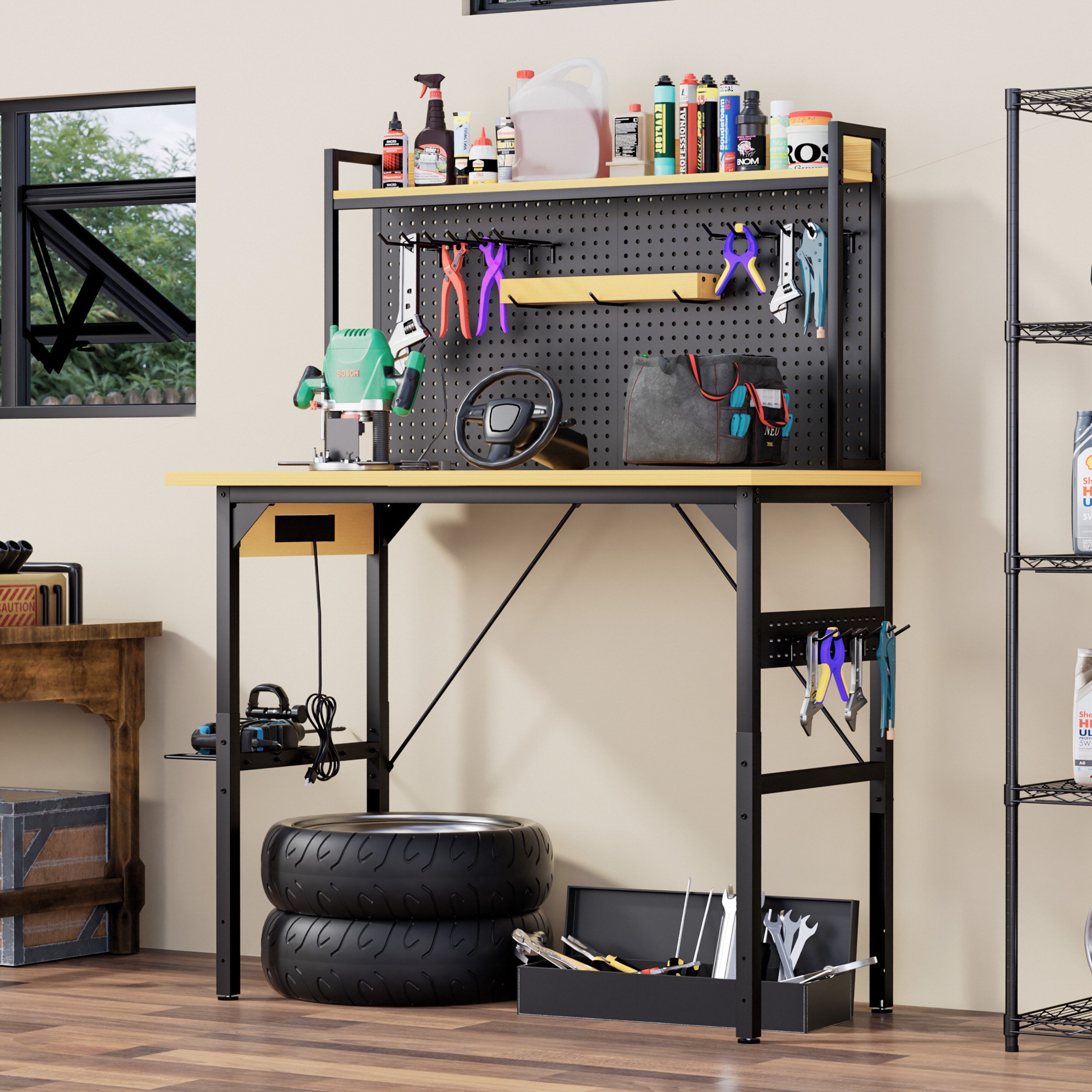 Yorbay Werkbank Höhe verstellbar mit Lochwand, 700 kg Tragkraft, mit AC/USB-Anschluss, rollbare Werkbank mit Haken, Ablage, 120cm Breit