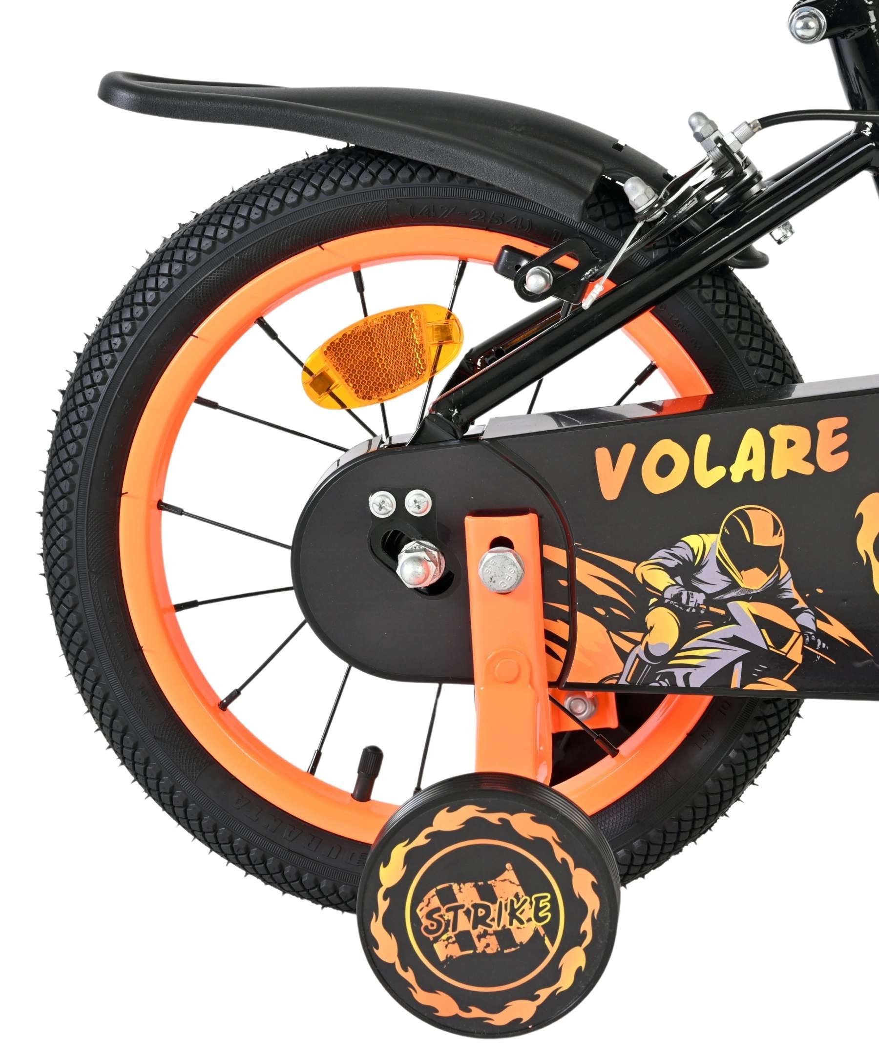 Volare Kinderfahrrad Strike 14 Zoll für Jungen – Schwarz-Orange, 2 Handbremsen, Stützräder, Geschlossener Kettenschutz, Reflektoren vorne und hinten