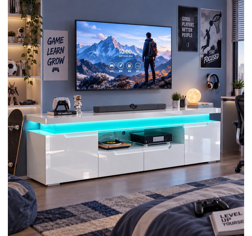 Furnishings Home TV-Schrank 180 CM TV-Lowboard Fernsehschrank mit LED-Beleuchtung und Steckdosen (180x35x52cm) TV-Schrank mit Mit 2 Türen, Regalen und viel Stauraum