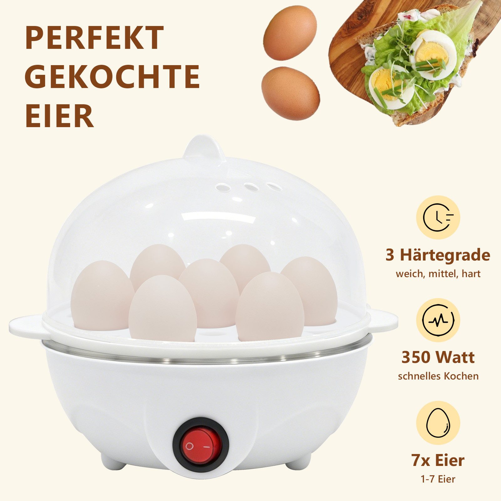 OZAVO Frühstücks-Set toaster 2 scheiben und Eierkocher für 1–7 Eier (2-tlg), 650 W für 2 Scheiben, Anzahl Eier: 7 St., 350 W, 3 Härtegrade – Bild 5 von 5