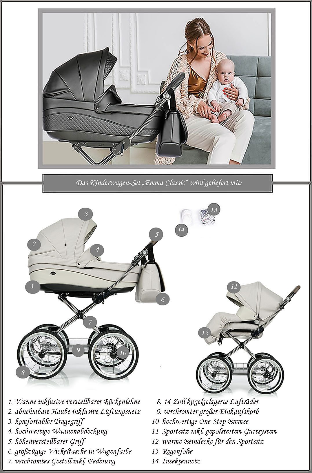 Roan Kombi-Kinderwagen Emma Classic 2 in 1 inkl. Sportsitz und Zubehör in 7 Farben