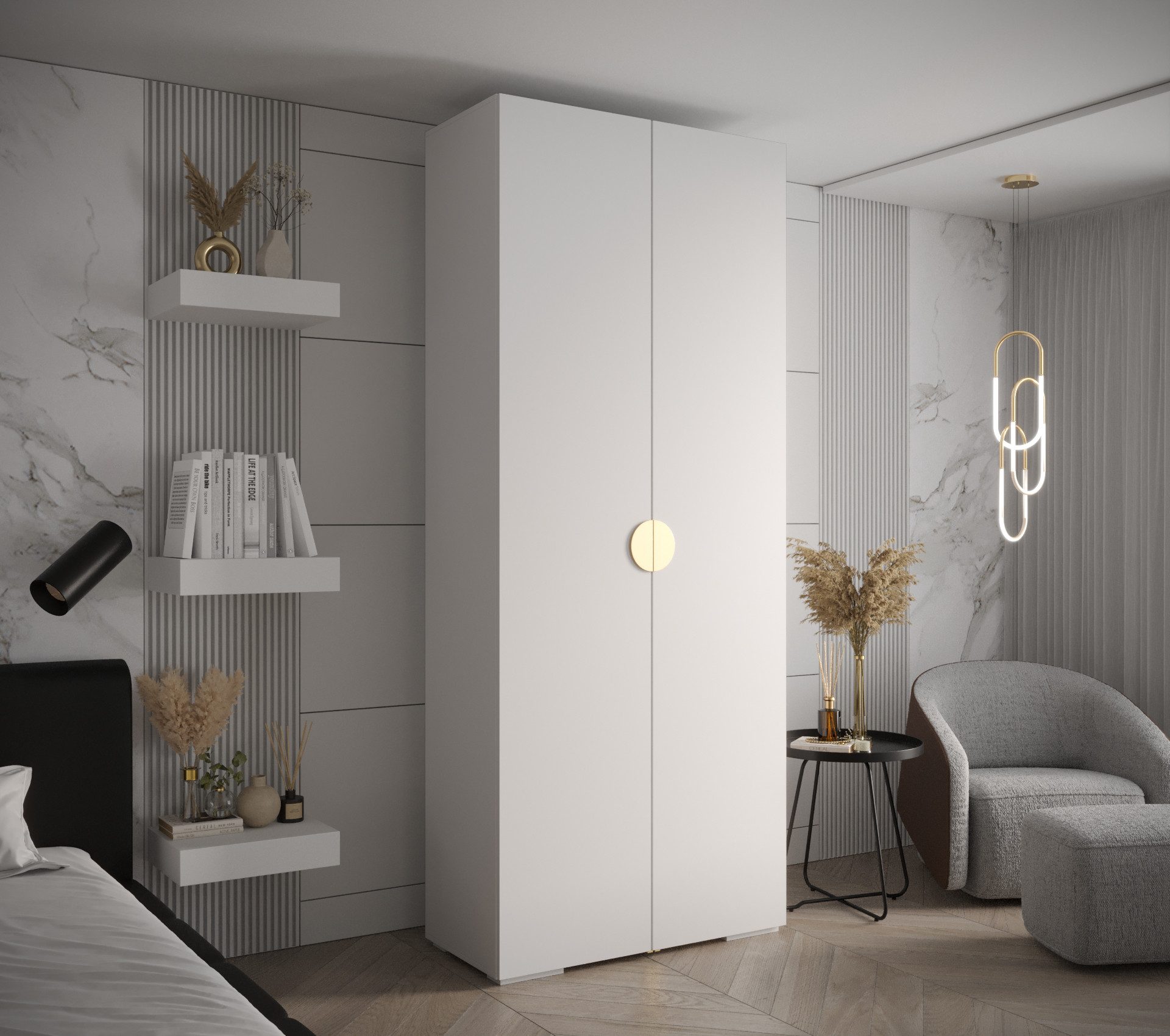 MOEBLO Schrankmodule IVONA 4 (goldene Griffe, elegante Garderobe, glamouröser Stil, Schrank Garderobe Schiebtüren Schlafzimmer, Modularer Kleiderschrank)