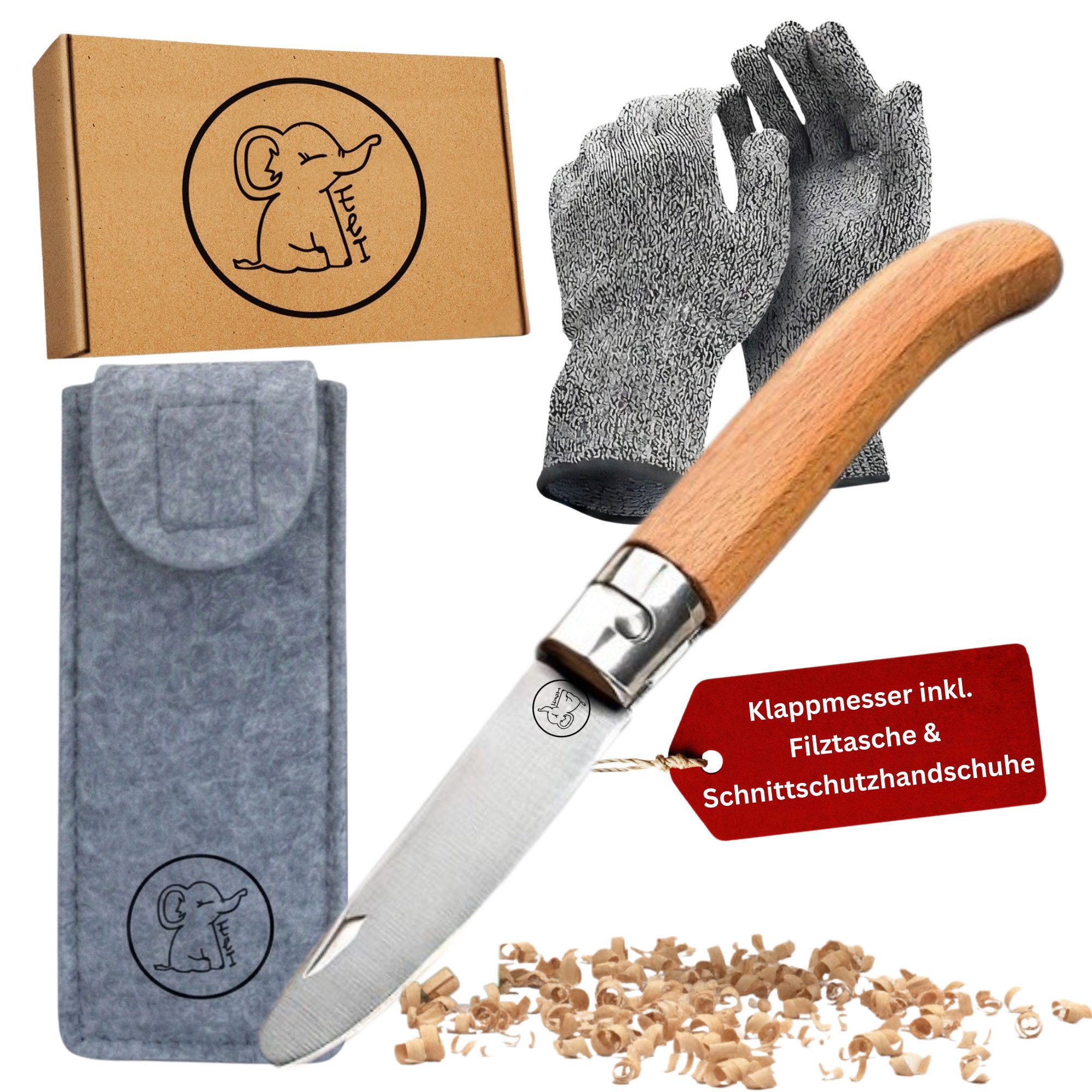 Eli Taschenmesser Schnitzmesser Kinder - Kindermesser mit Filztasche Kindertaschenmesser, (Schnitzwerkzeug - Outdoor Messer, Kinderschnitzmesser - Griff aus Buchenholz), inkl. schnittfeste Handschuhe - Beidhändig - rostfreier Stahl