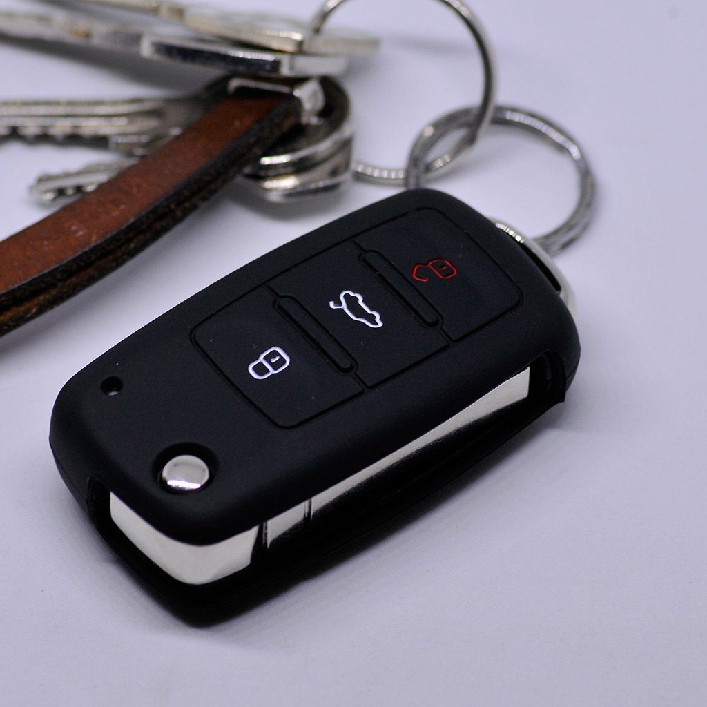 mt-key Schlüsseltasche Autoschlüssel Softcase Silikon Schutzhülle Schwarz, für VW Seat Skoda ab 11/2009 3 Tasten Klappschlüssel