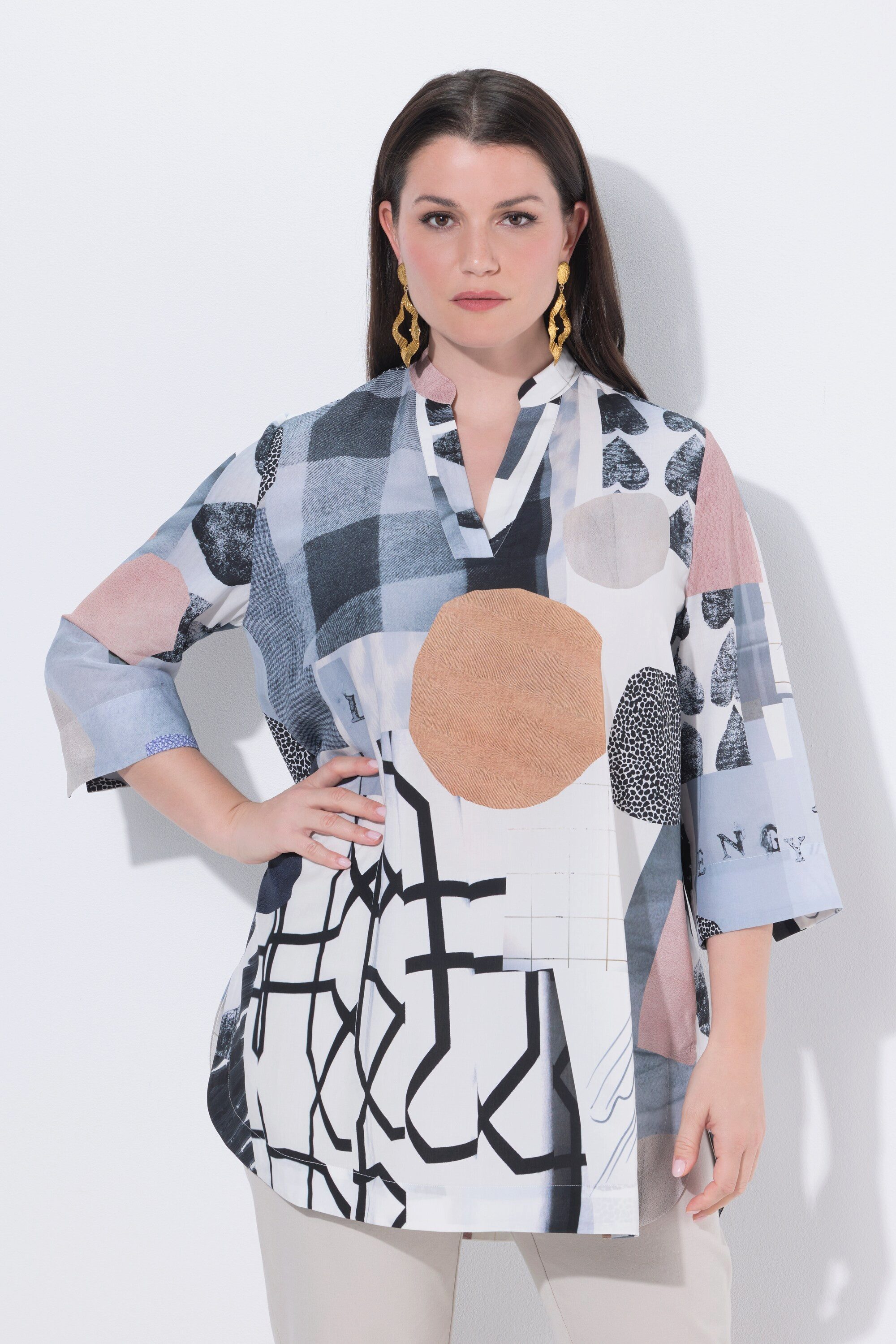 Ulla Popken Tunika Lyocell-Tunika Herzen Tunika-Ausschnitt 3/4-Arm