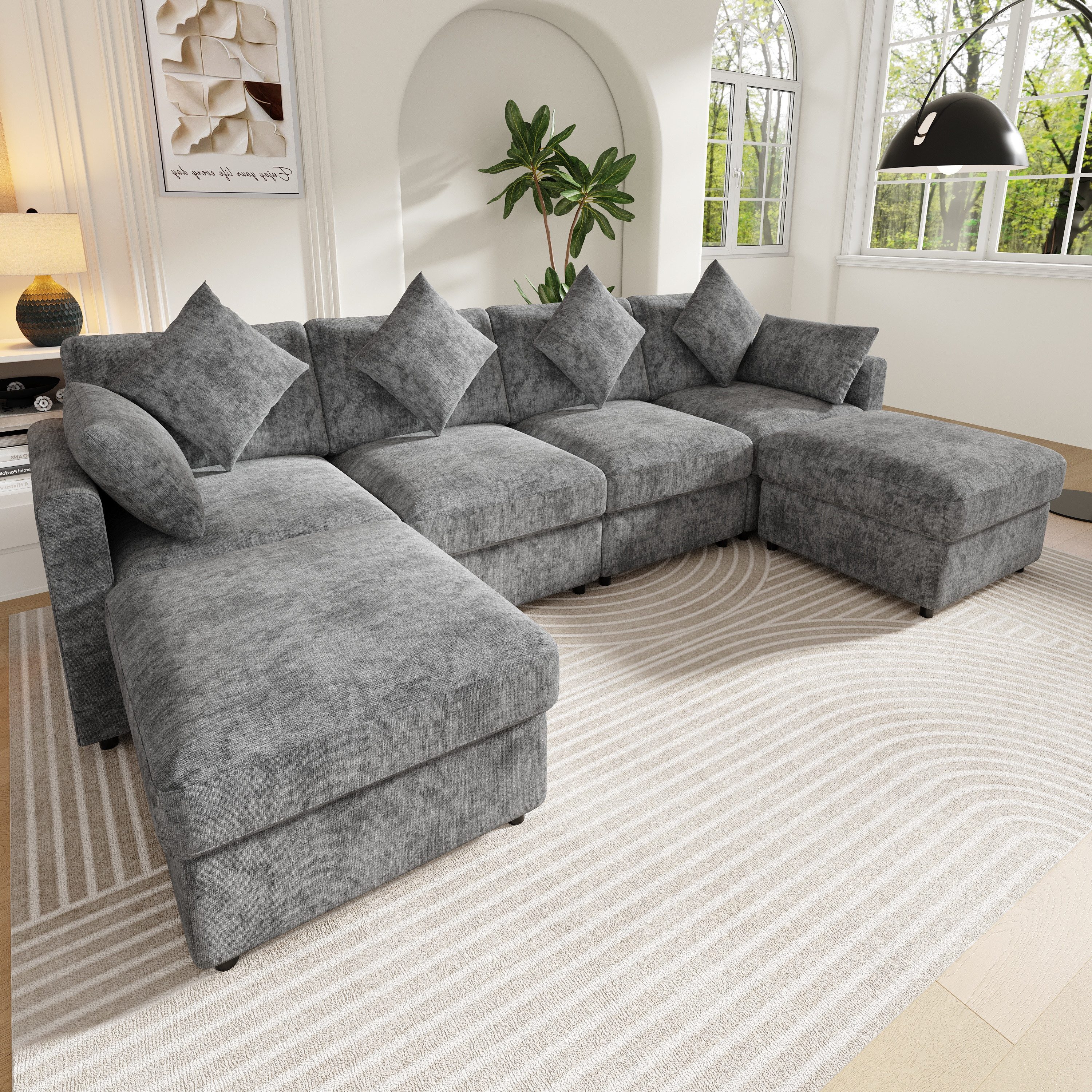 Merax Ecksofa aus Chenille, Modulares Sofa mit verstellbaren Armlehnen, für 4-6 Personen 1 Teile, U-/L-förmiges Sofa mit 2 Hockern, 4 Kissen & 2 Kopfstützen, wandelbar