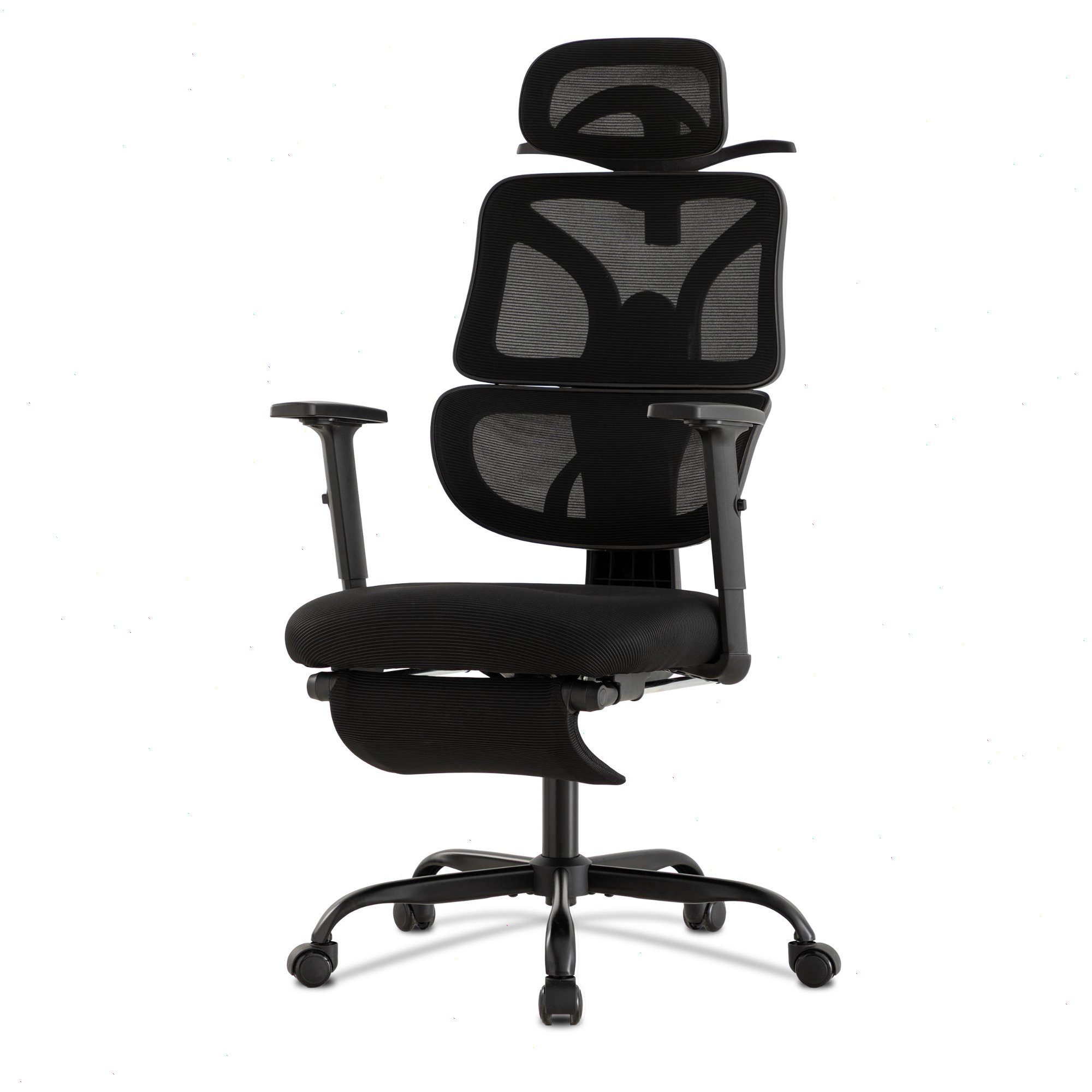 UEV Bürostuhl ergonomisch mit Fußstütze Mesh neigbar bis 135°,atmungsaktiver Stoff (Packung), Verstellbarer Kopfstütze/Armlehnen/Dynamischer Lordosenstütze