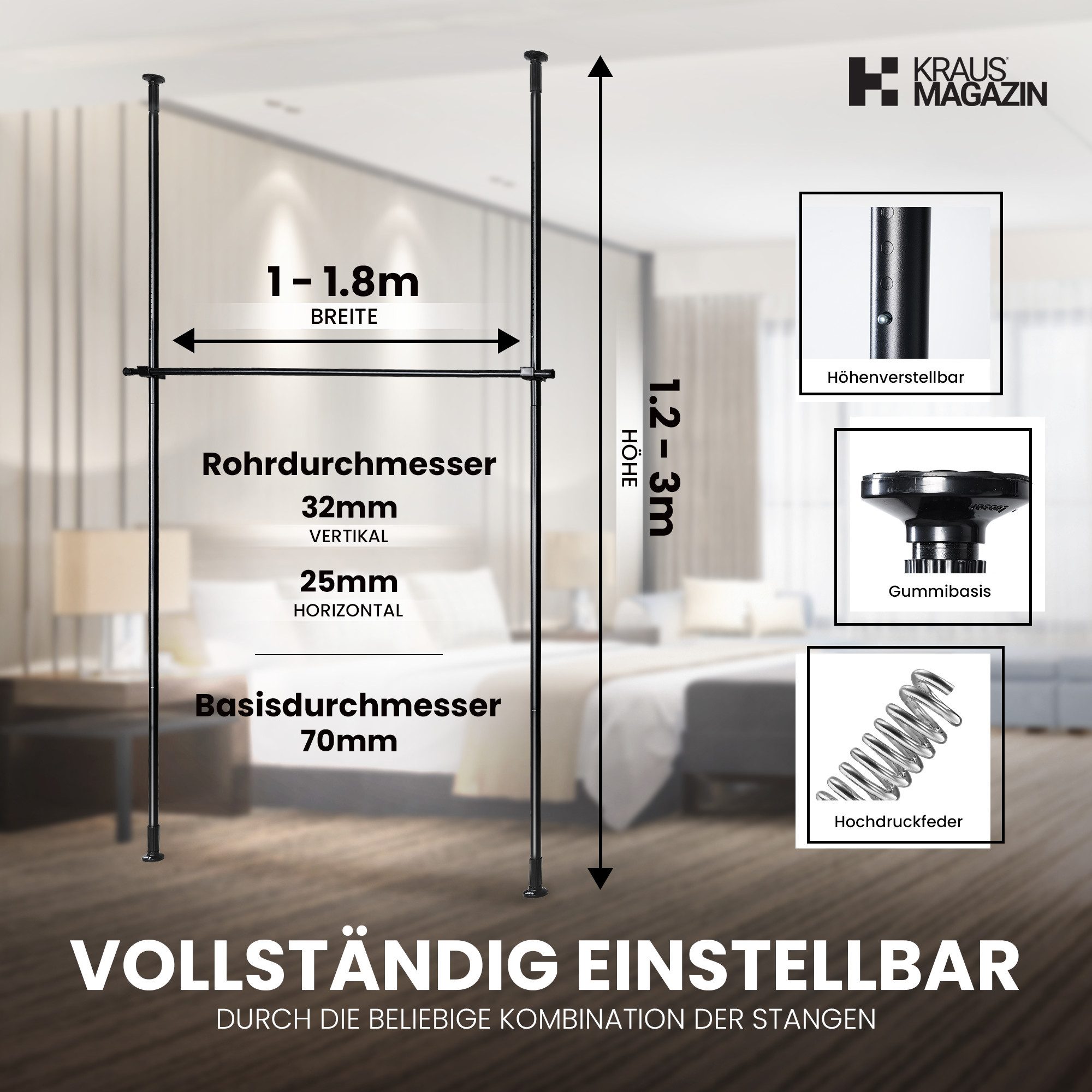 Kraus-Magazin Raumteiler flexibel verstellbares Paraventgestell, Gardinenstange, ohne Bohren, teleskopische Spannstangen, individuell einstellbar