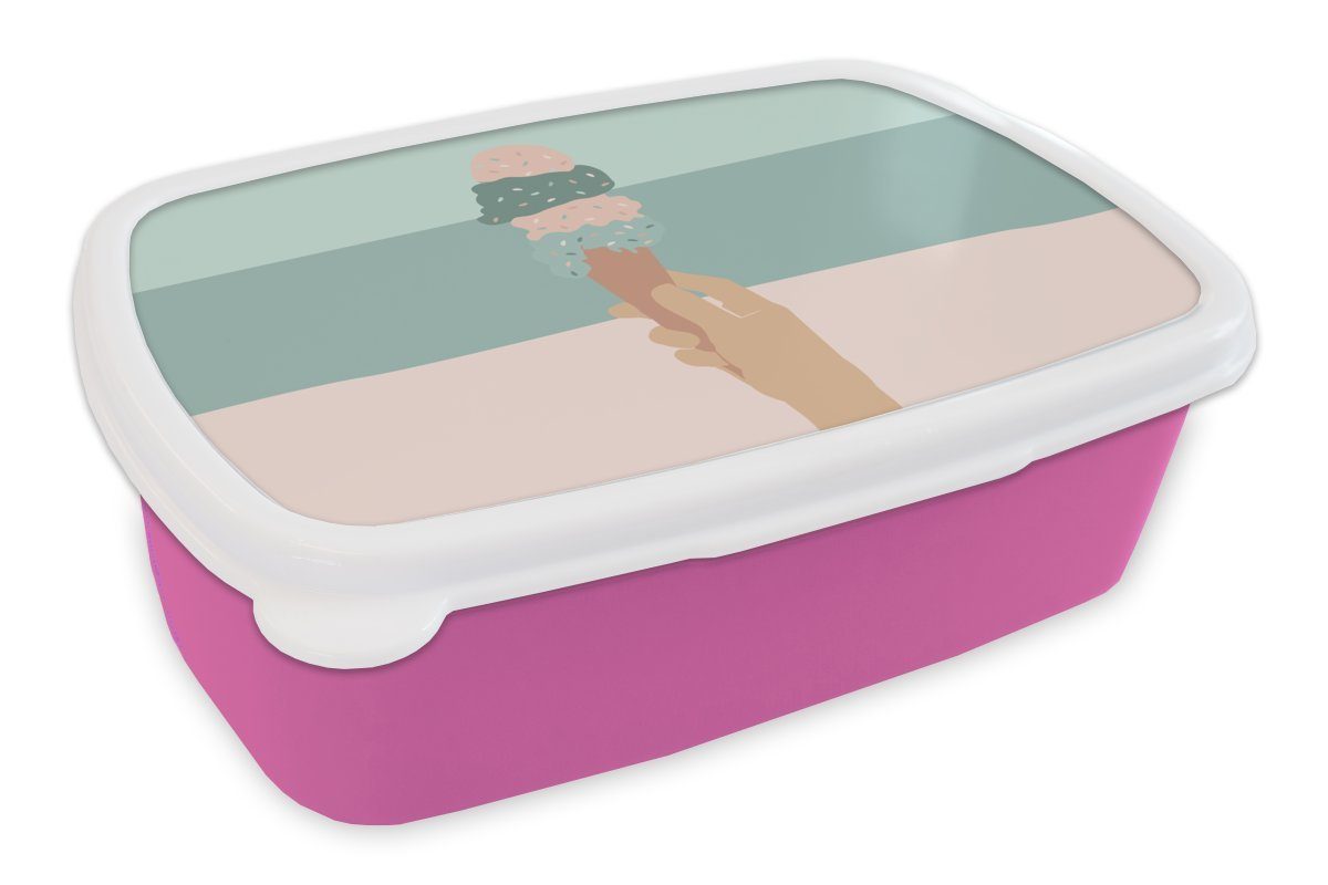 MuchoWow Lunchbox Sommer - Eiscreme - Hand, Kunststoff, (2-tlg), Brotbox für Erwachsene, Brotdose Kinder, Snackbox, Mädchen, Kunststoff rosa