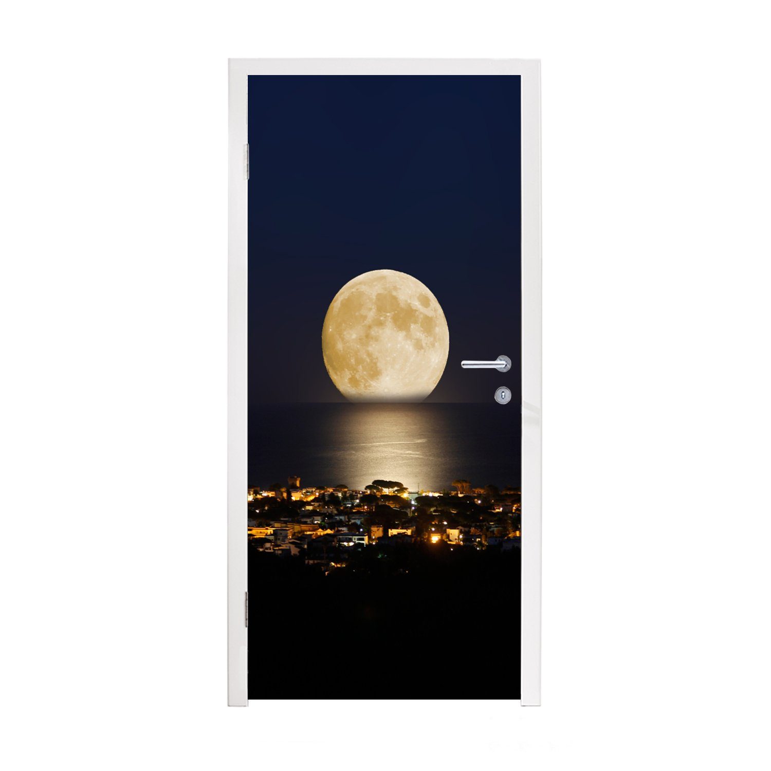 MuchoWow Türtapete Mond - Meer - Stadt, Matt, bedruckt, (1 St), Fototapete für Tür, Türaufkleber, 75x205 cm