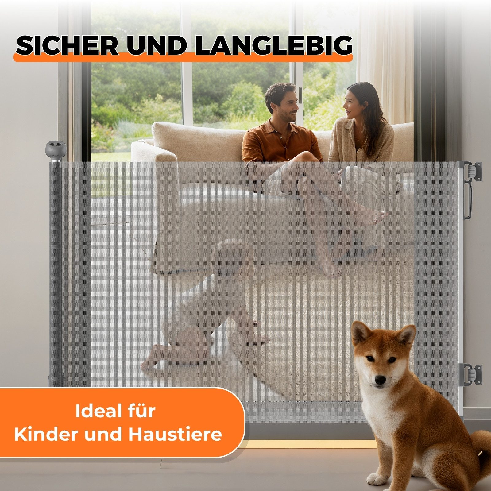 Allyson Treppenschutzgitter Türschutzgitter Ausziehbar, Tür & Treppengitter für Kinder & Haustiere (Inklusive Befestigungsmaterial für zwei unterschiedliche Positionen), Platzsparend ausziehbar bis 140cm, robustes PVC-Netz für Kind & Hund