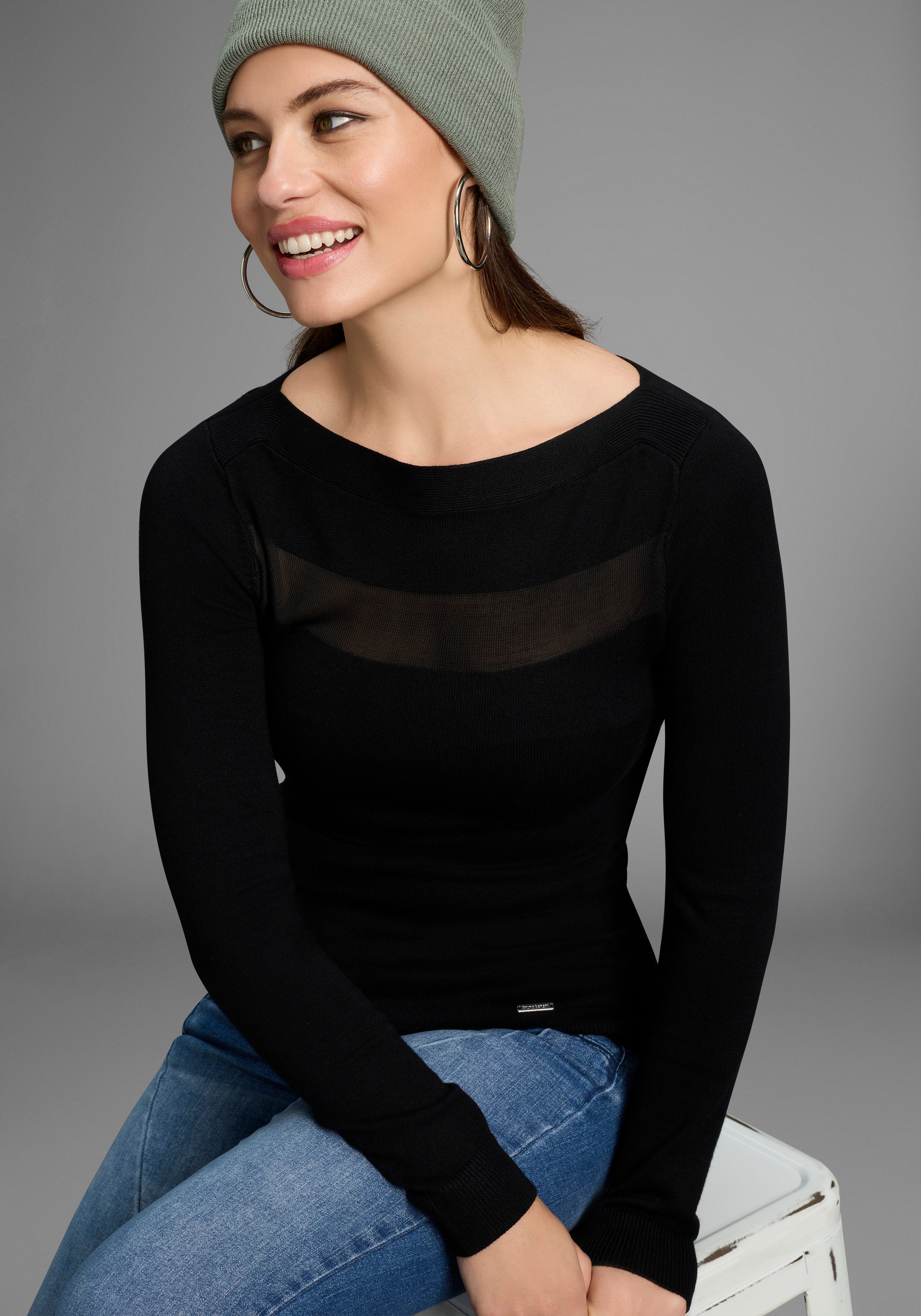 Bruno Banani Strickpullover mit Mesh-Einsatz - günstig online kaufen