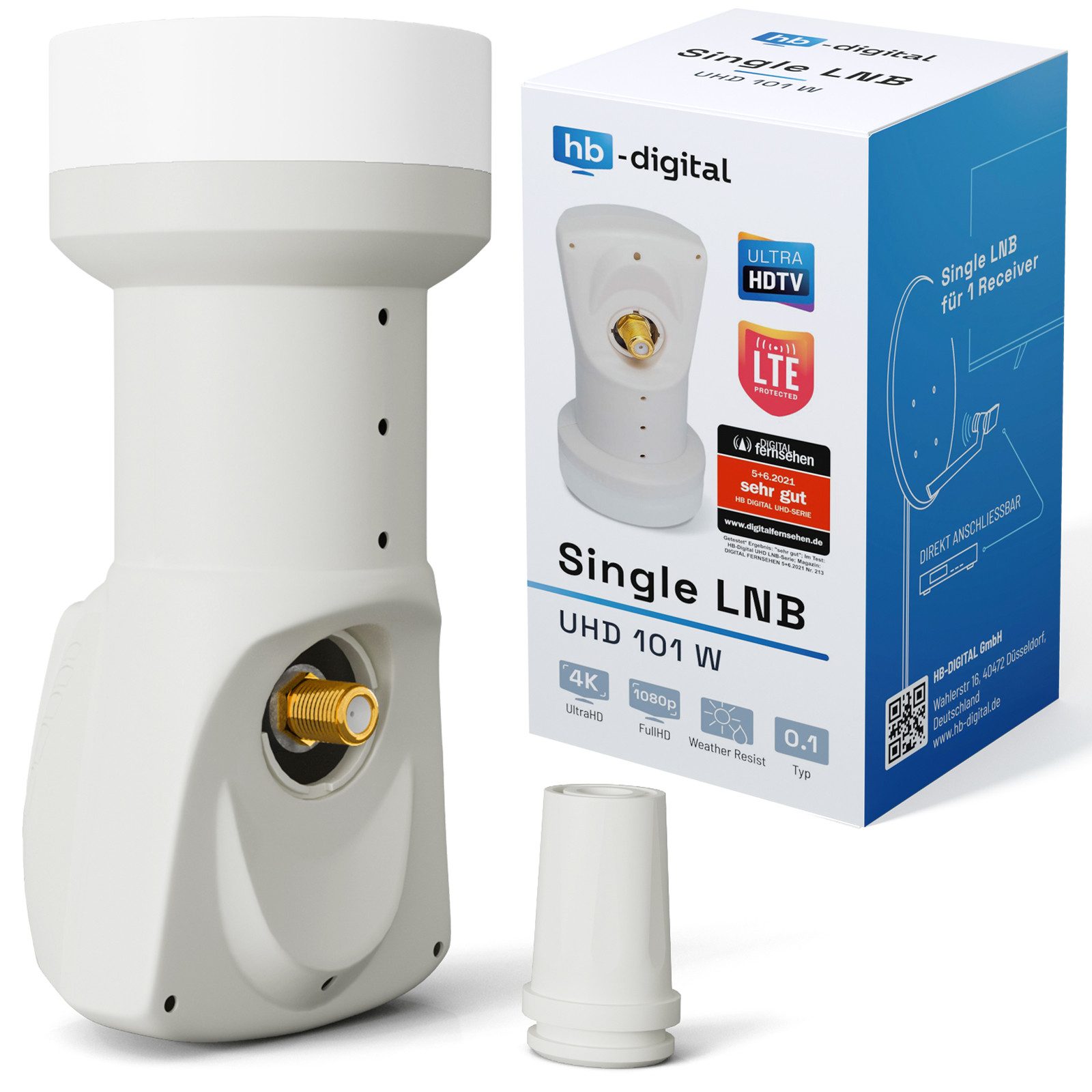 HB-DIGITAL LNB Single für 1 Teilnehmer Signalumsetzer UHD 101S weiß Universal-Single-LNB (für 1 Teilnehmer, Die vergoldeten F-Anschlüsse für noch bessere Signalübertragung)