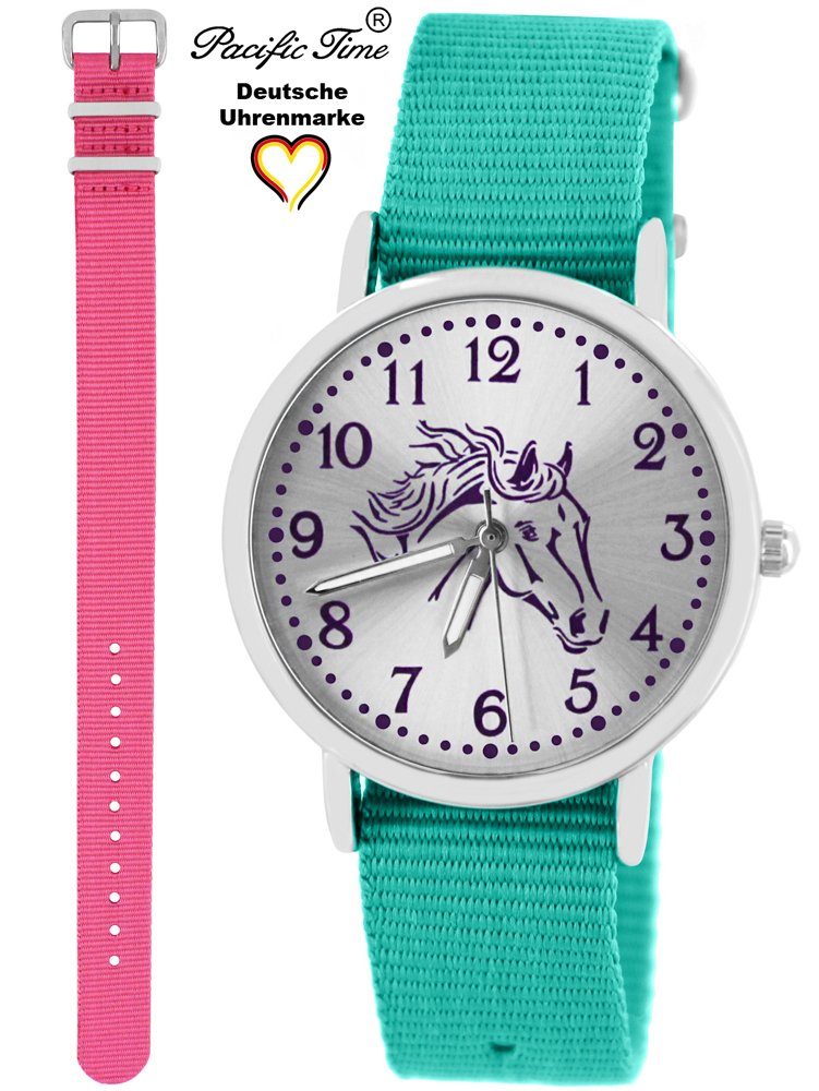 Pacific Time Quarzuhr Set Pferd violett Versand Gratis Armbanduhr Wechselarmband, Kinder Mix Match türkis und Design rosa - und
