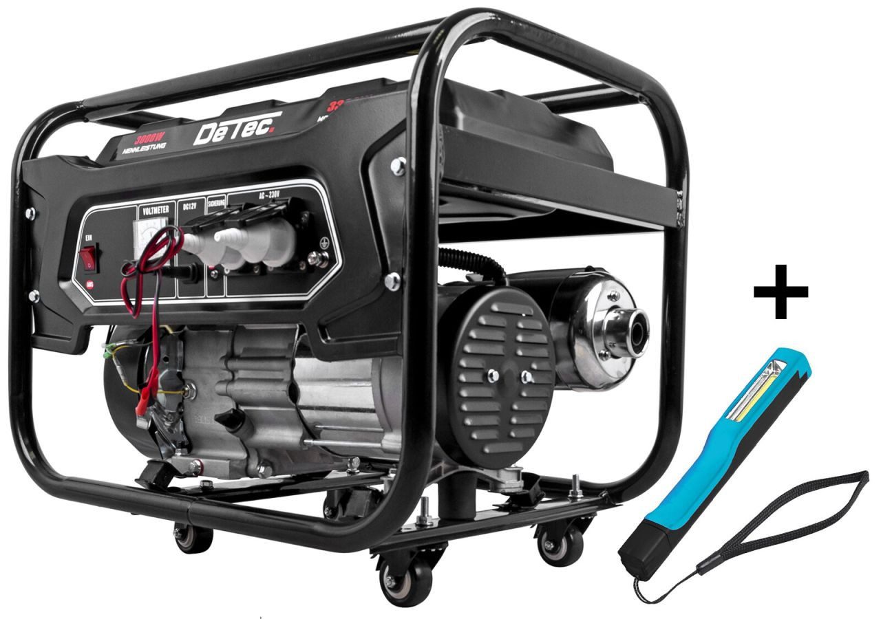 DeTec. Stromerzeuger Benzin Kombiset inkl. COB Leuchte I mobiler Stromgenerator, 3,30 in kW, 3300W 16A 50Hz I 7 PS Notstromaggregat