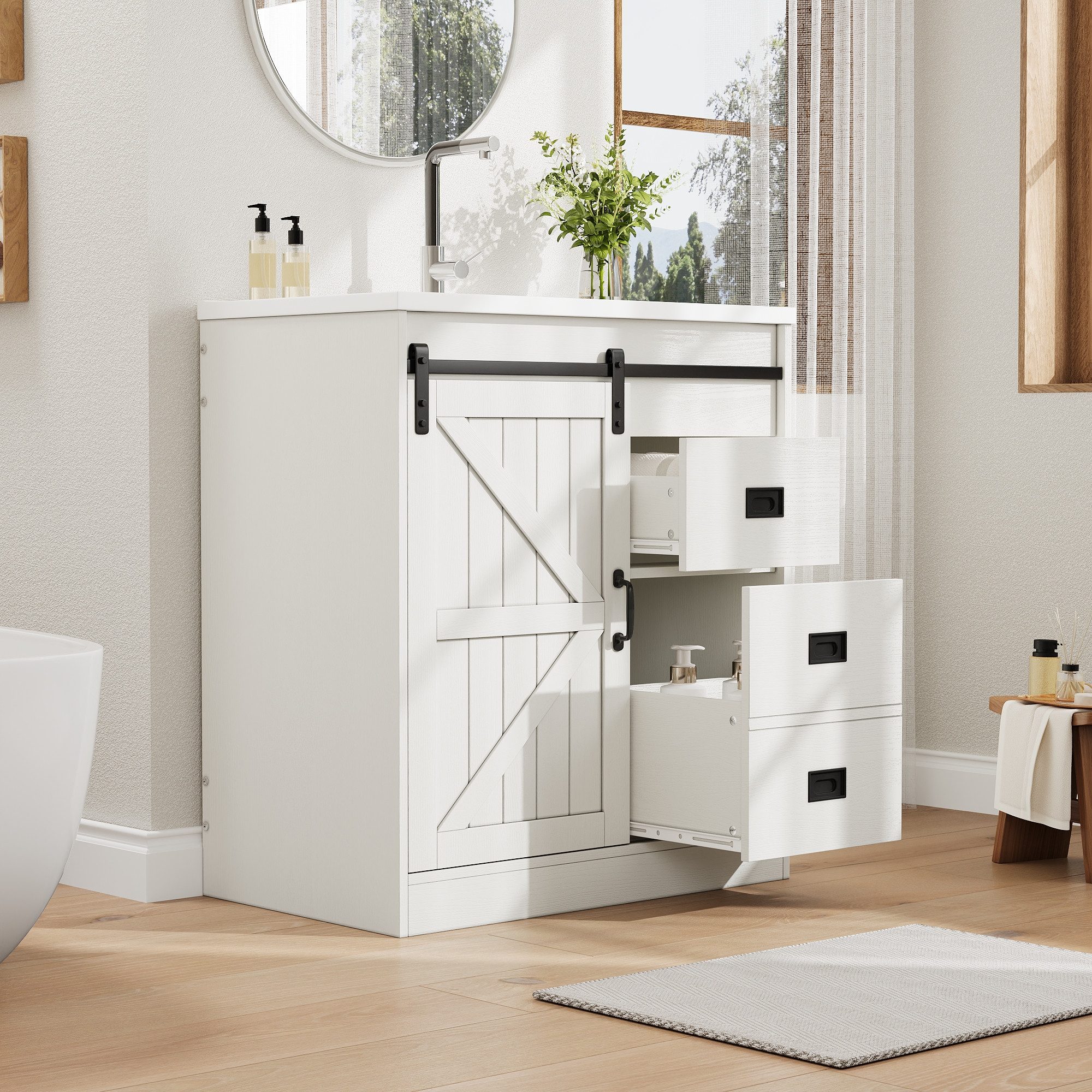 Flieks Waschtisch mit 2 Schubladen und Schiebetüren in Scheunentor-Design (B76/T47,5/H87,5 cm, 1-St., bodenstehend, Badzimmerschrank & Keramikbecken), Waschbeckenunterschrank inkl. Waschbecken Badmöbel-Set Weiß