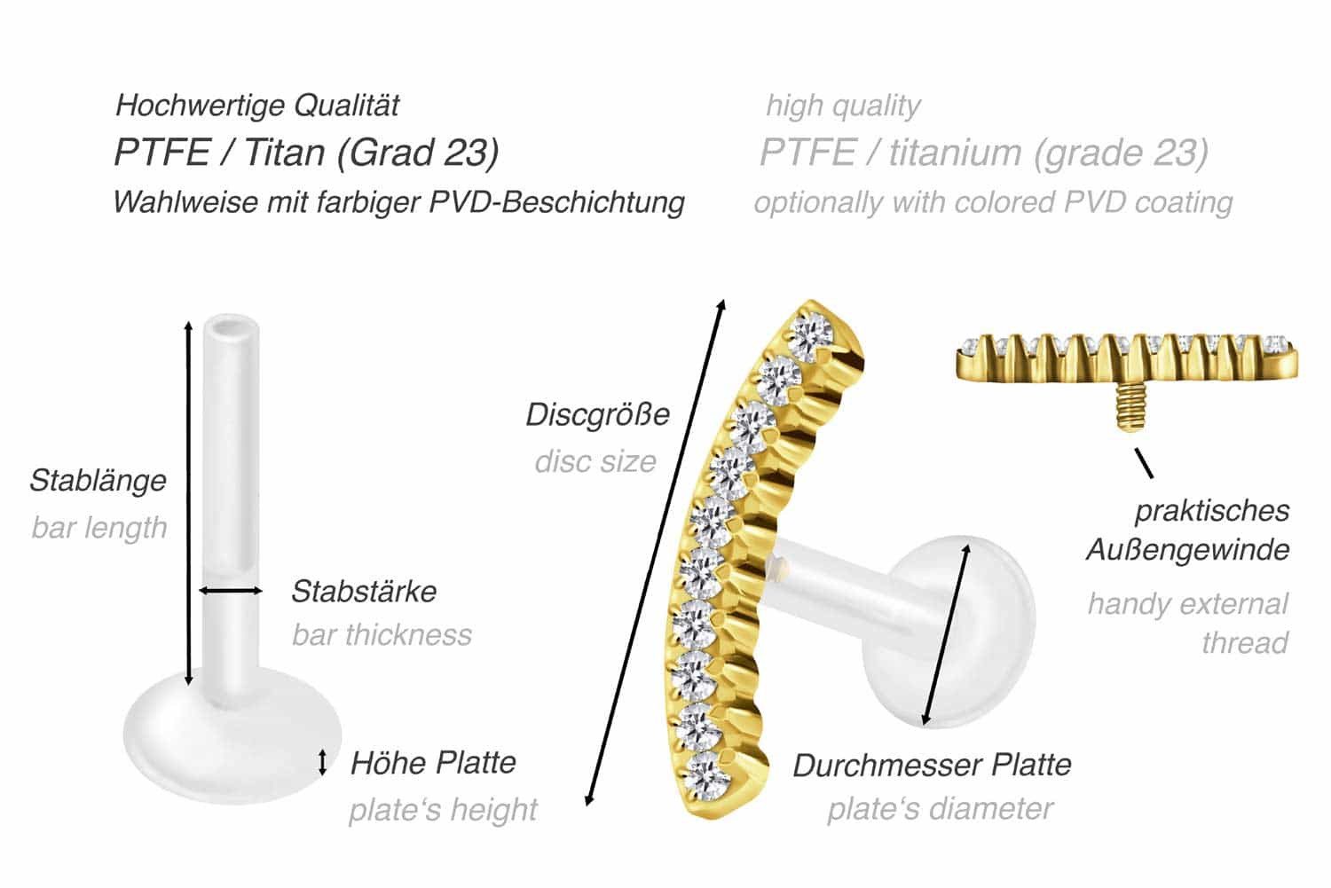 PIERCINGLINE Piercing-Set PTFE Labret mit Innengewinde + Titan-Aufsatz KRISTALLBOGEN (Labrets, 1-tlg)