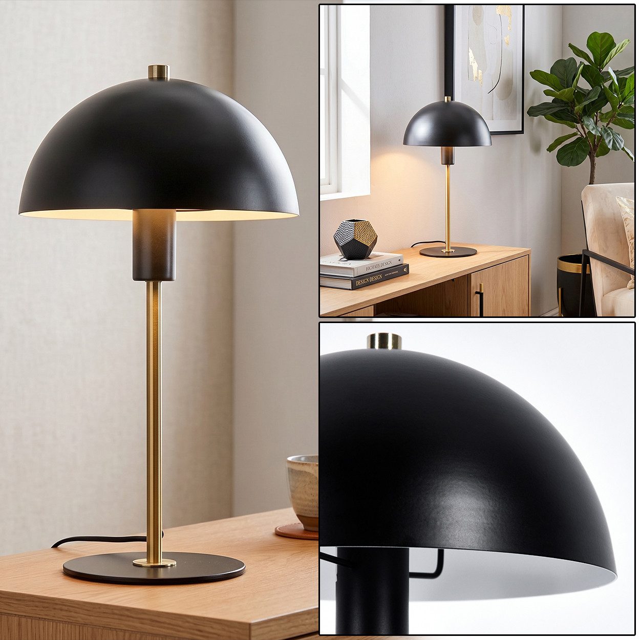 hofstein Tischleuchte moderne Nachttischlampe aus Metall in Schwarz/Goldfarben, ohne Leuchtmittel, RetroTischlampe, Ø20cm, 36cm, Schalter, 1 x E14, ohne Leuchtmittel.