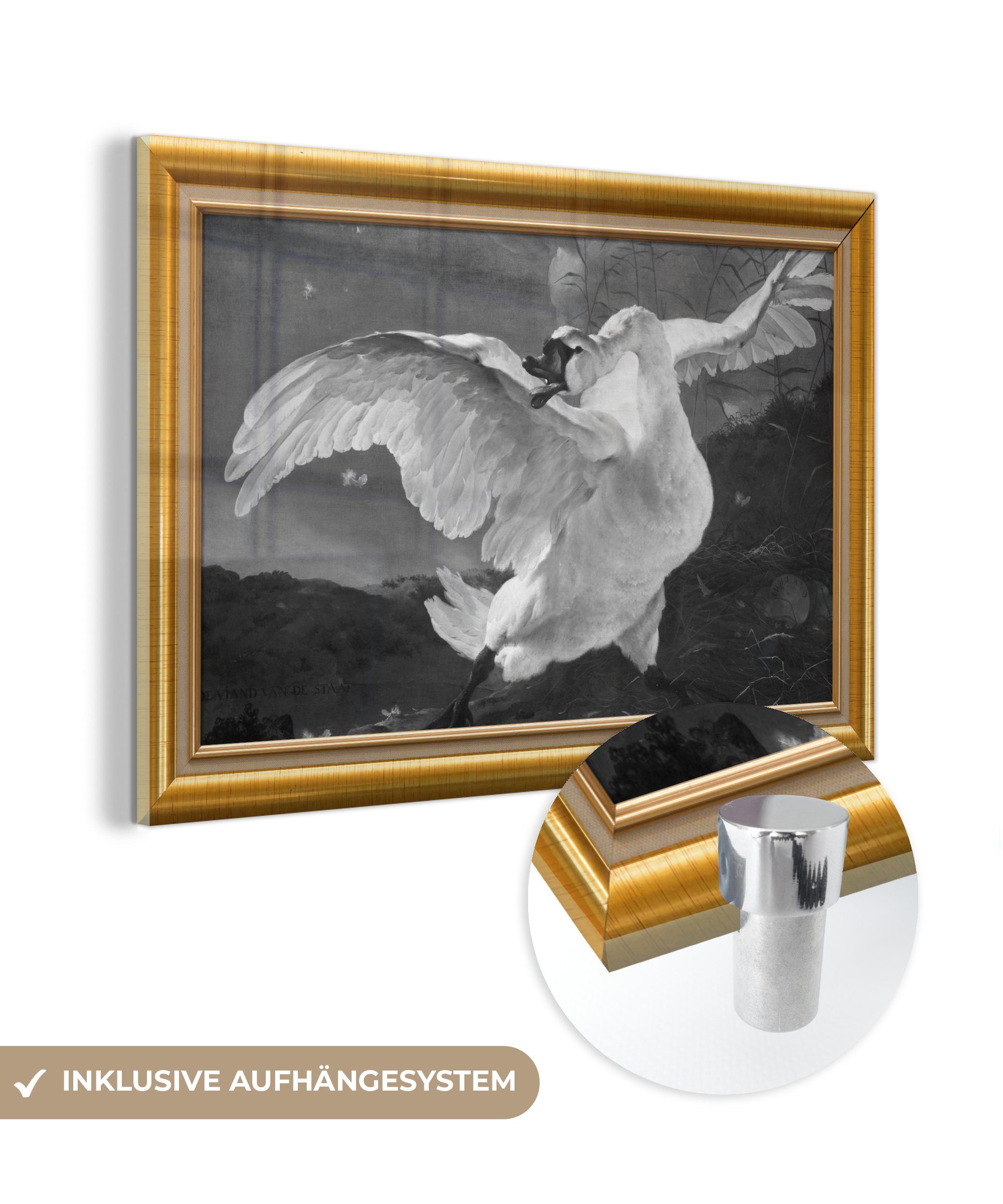 MuchoWow Acrylglasbild Der gefährdete Schwan - Alte Meister - Liste - Gold, (1 St), Glasbilder - Bilder auf Glas Wandbild - Foto auf Glas - Wanddekoration