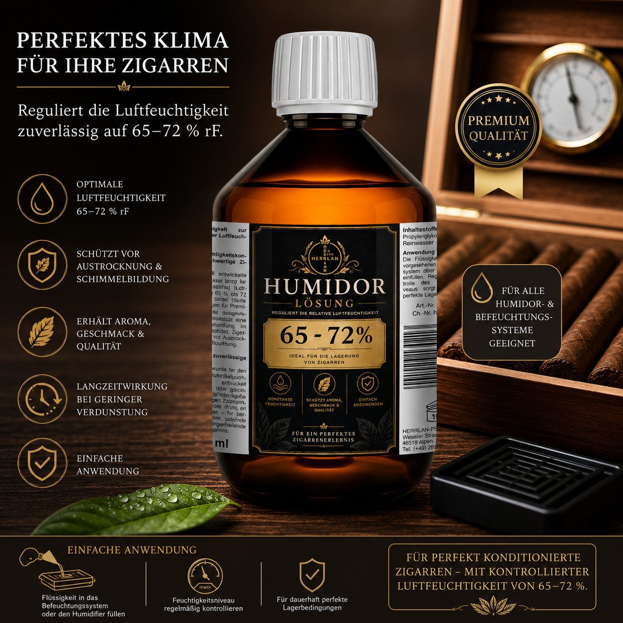 HERRLAN Humidor Lösung 500ml, Premium Luftbefeuchter-Flüssigkeit 65 - 72 % relative Luftfeuchtigkeit