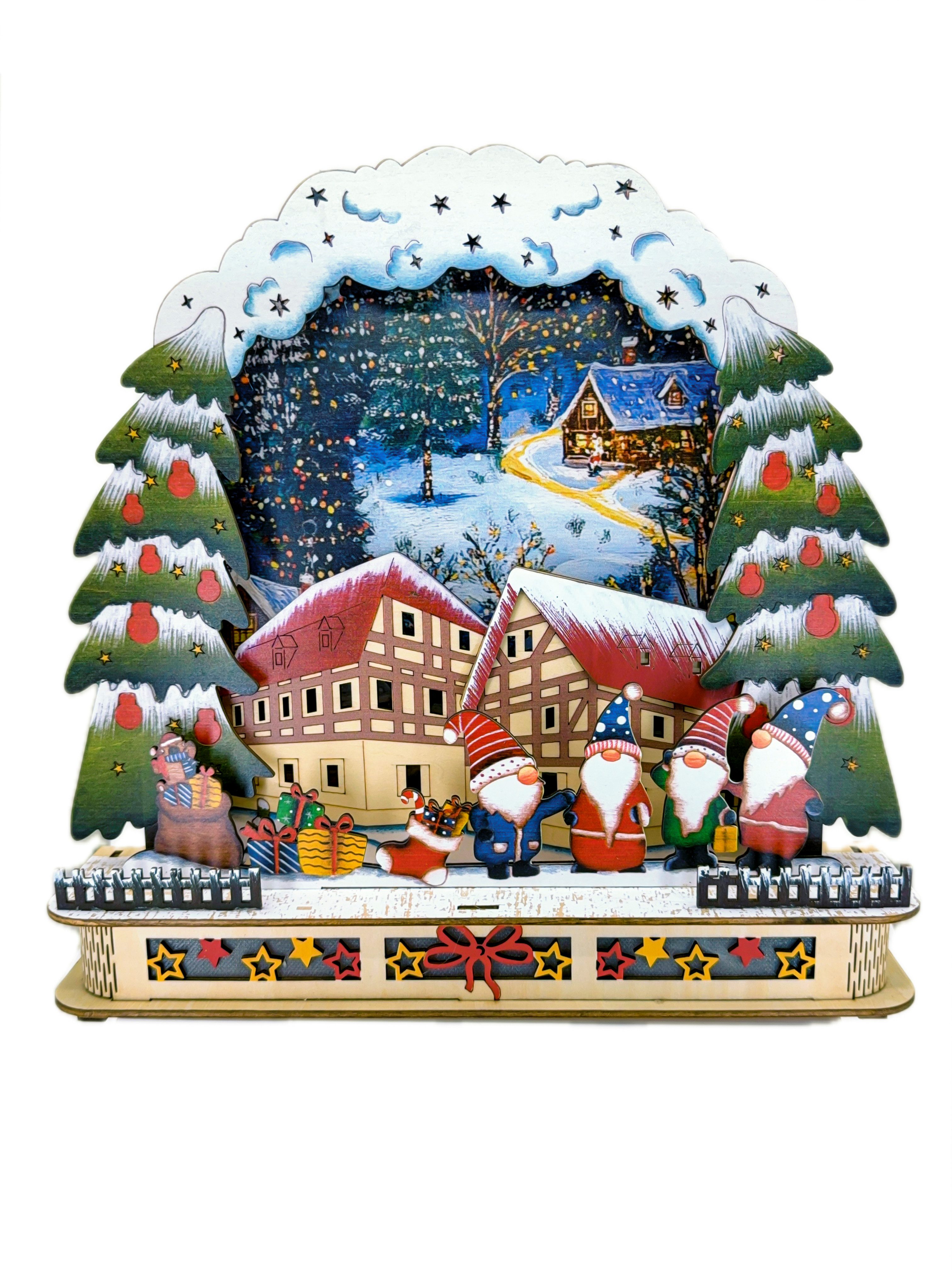 Kaladia LED Schwibbogen 3D Bogen aus Holz - Winterlandschaft und Wichtel - 29,5 x 7 x 29 cm, Batteriebetrieben und somit ideal für Fensterbank, Kommode oder Tisch