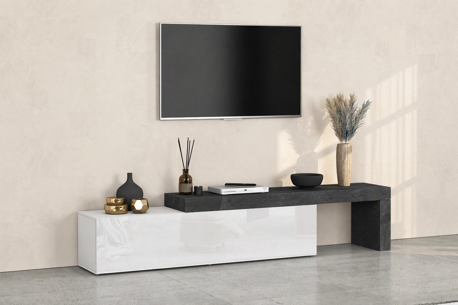 OTTO home Lowboard Lowboard Chronos TV-Board, TV-Schrank (Spar-Set, 1 St., Breite verstellbar von 190 bis 350 cm), Breite 270 cm TV-Board,Lowboard,1 Klappe und ein L-Förmiger Aufsatz