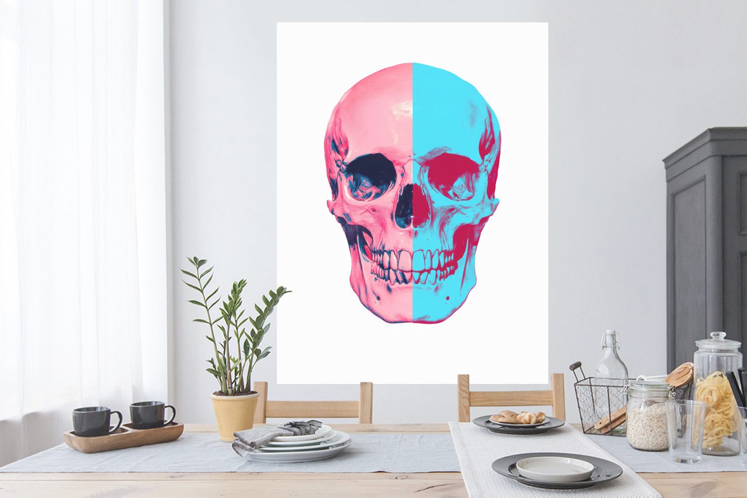 MuchoWow Wandsticker Totenkopf - Grafik - Rosa - Geteilt (1 St), Wanddeko, Aufkleber, Wandtattoo, 90x120 cm