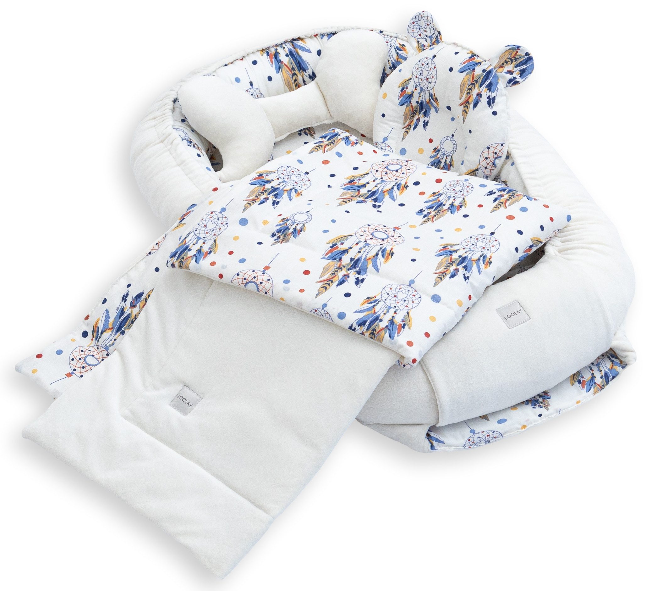 Loolay Kuschelnest BABYNEST 5 TLG. Set PREMIUM Babyausstattung Baumwolle & Samt Velours, (MUSTER: ECRU Samt Velour/ Traumfänger Ecru, 5-tlg., Liebevoll handgefertigt Nestchen! Geborgenheit Komfort für Neugeborene), Premium Ausstattung - 100% Europäische Stoffe und Kleinserien-Nähen!