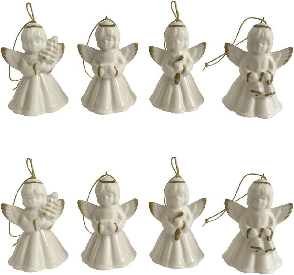 hausleben Engelfigur Porzellan Glockenengel Anhänger Set (8 St), in Weiß Gold, Ideal für Adventszeit, Winterdekoration