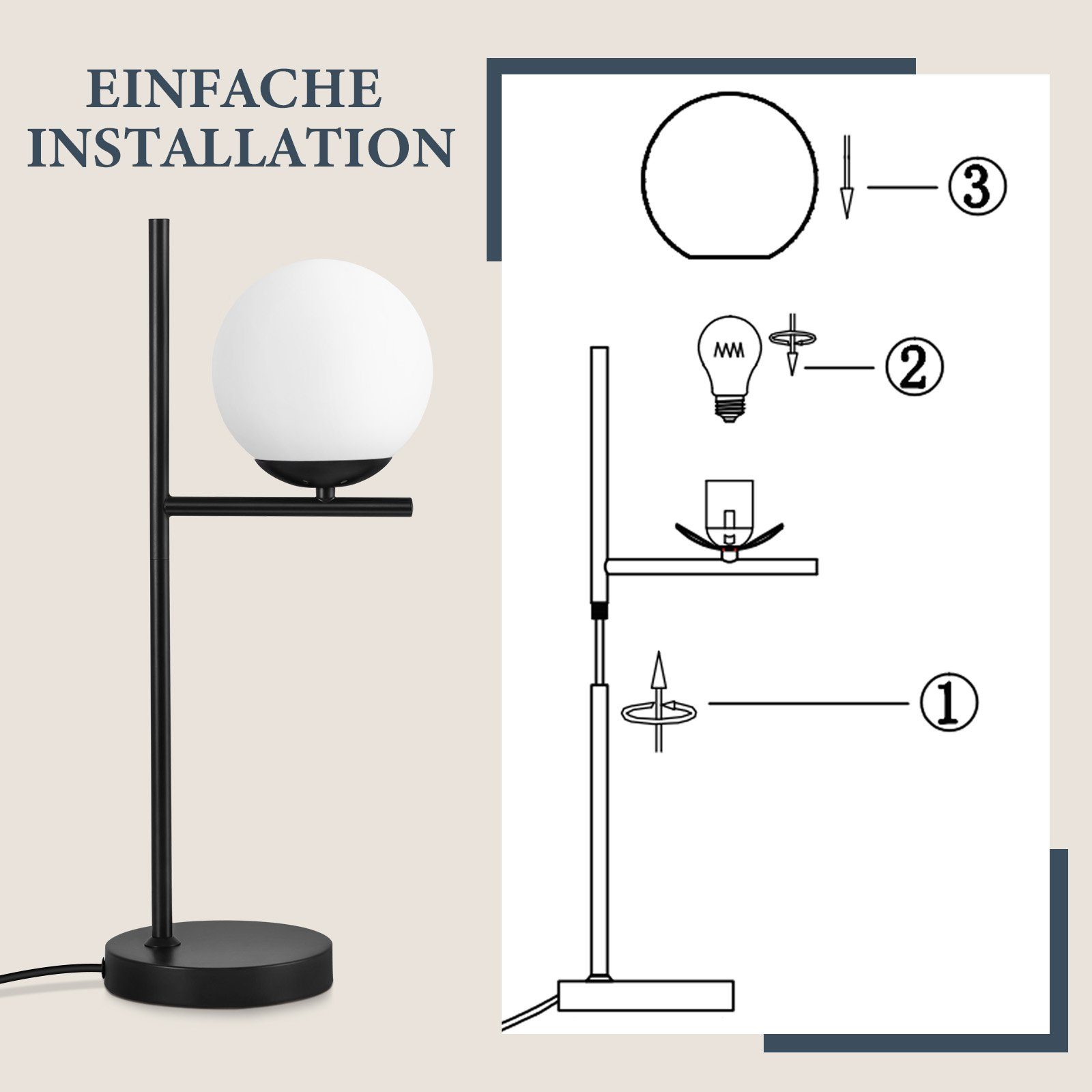 Nettlife Tischleuchte Schwarz/gold Glas Metall Modern E27 Fassung Schalter Nachttischlampe, LED wechselbar, Wohnzimmer Schlafzimmer Kinderzimmer Büro – Bild 5 von 5