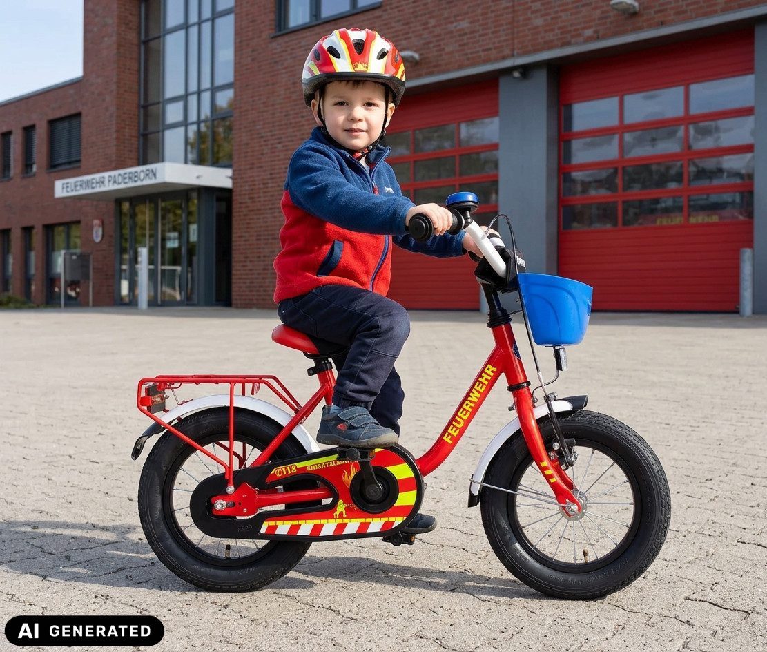 Bachtenkirch Kinderfahrrad 12 Zoll Feuerwehr Fahrrad für Kinder ab 3 Jahre, Sitzhöhe 44-50 cm - Schrittlänge des Kindes ab 42 cm