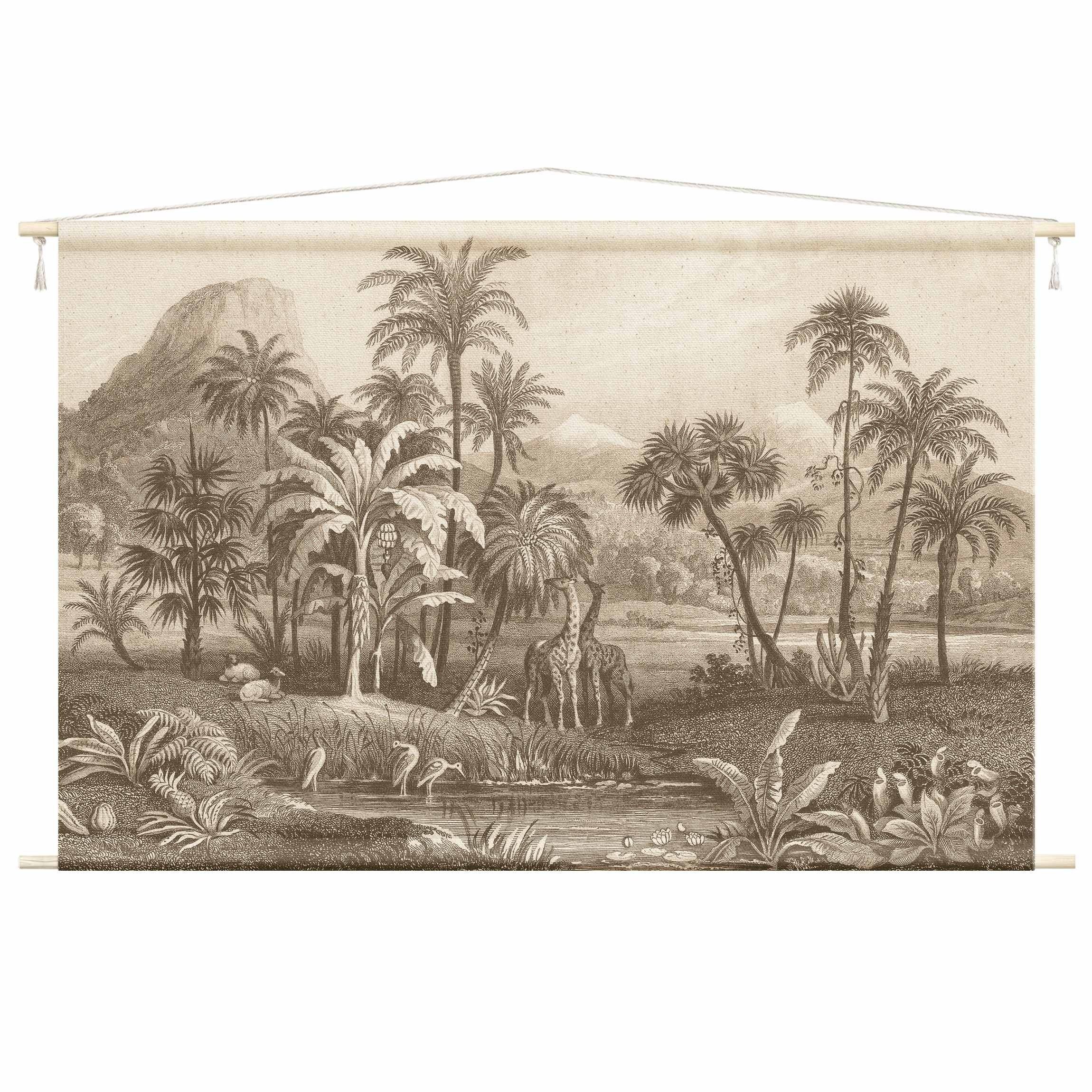 Bilderdepot24 Wandteppich modern Wald Tropisch Natur Vintage Tiere Vögel beige, rechteckig, Höhe: 2.6 mm, großes Wandbild aus Natur-Baumwolle Wandbehang Stoffbild Tuch Wollseil