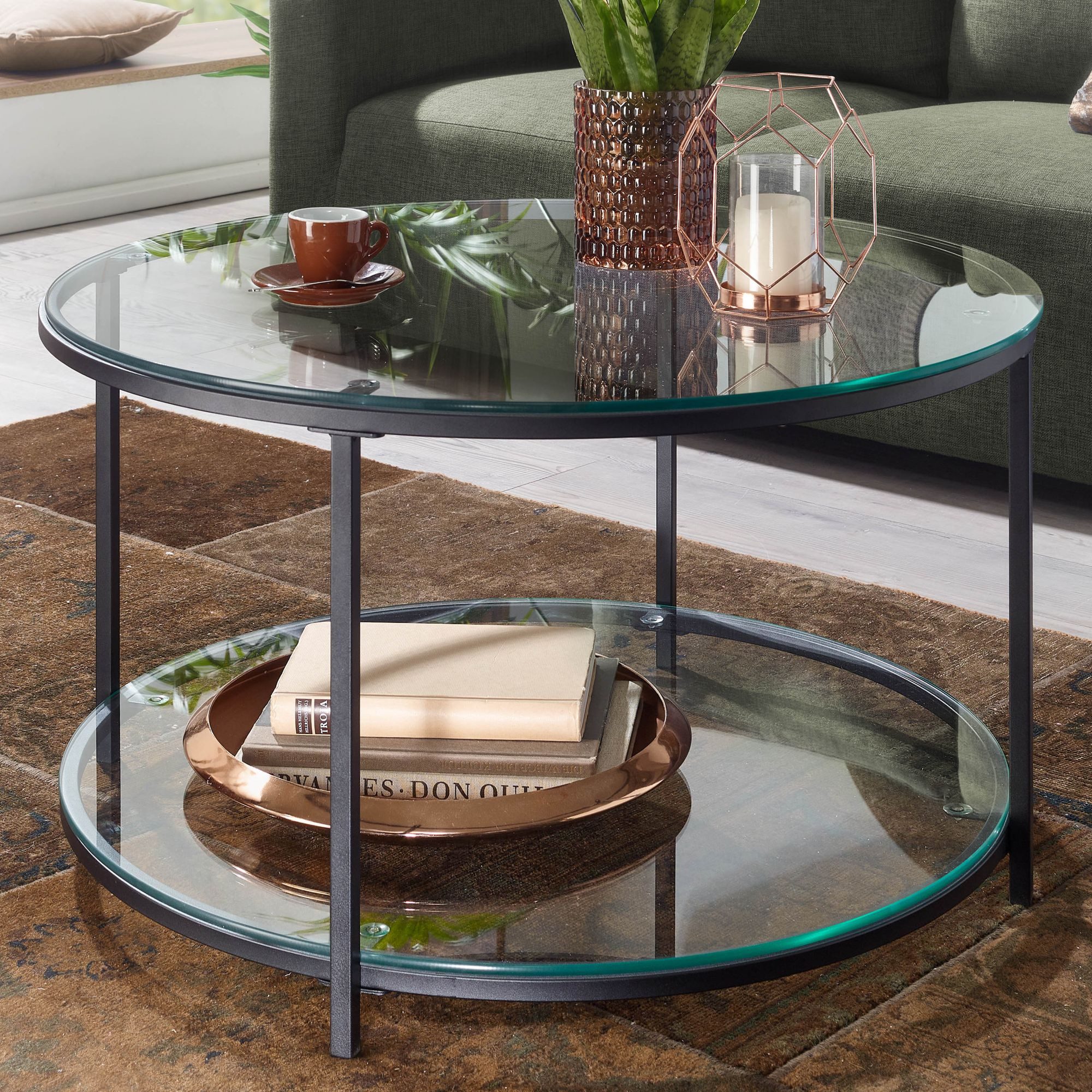 FINEBUY Couchtisch FB78983 Sofatisch Glas Wohnzimmertisch Ø 80 cm Rund Tisch Stauraum (80x80x45 cm Glas Sofatisch Rund Transparent), Wohnzimmertisch Kaffeetisch mit Metall-Gestell