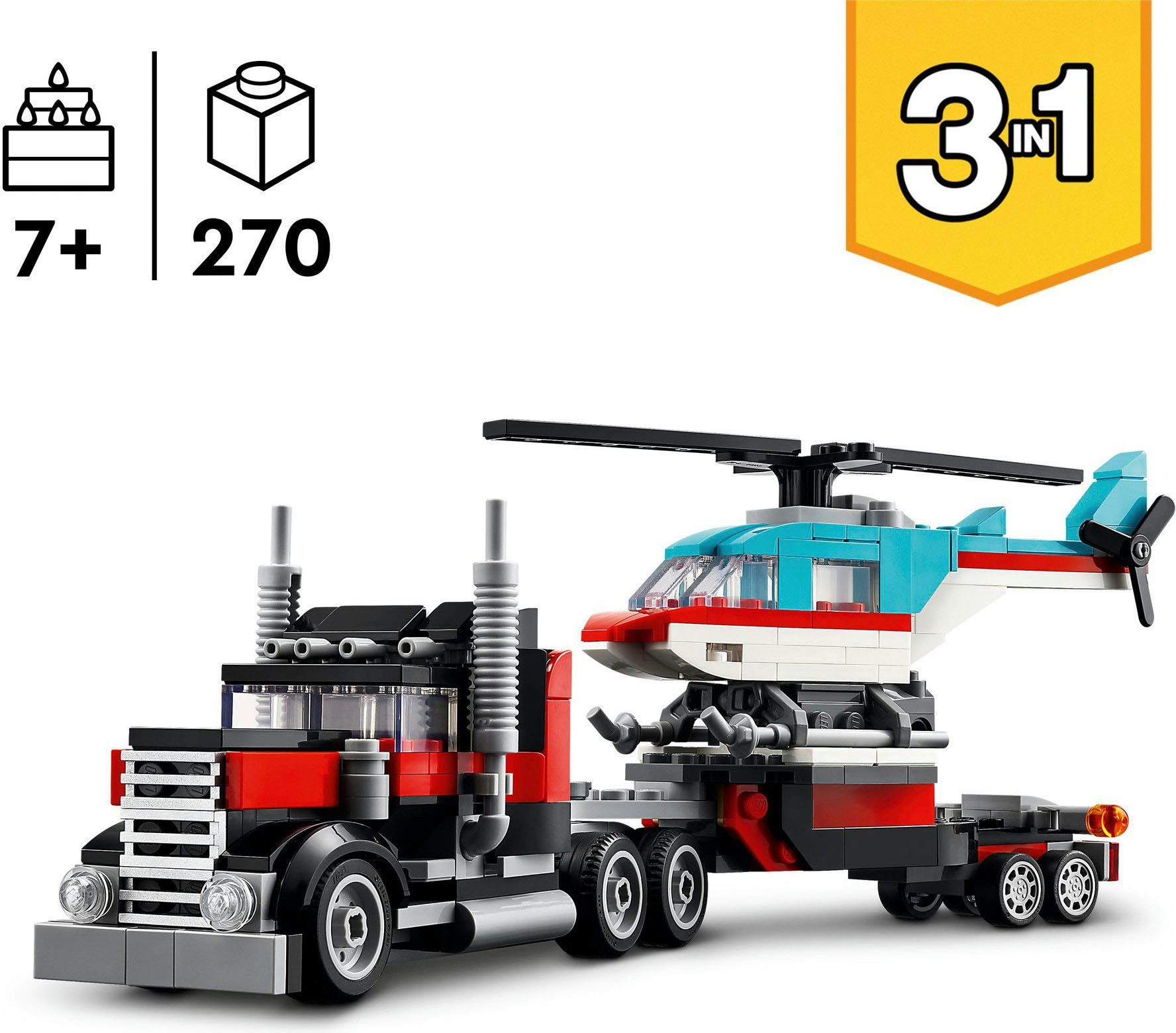 LEGO® Tieflader mit Hubschrauber (31146), LEGO Creator 3in1 Konstruktionsspielsteine, (270 St), Made in Europe