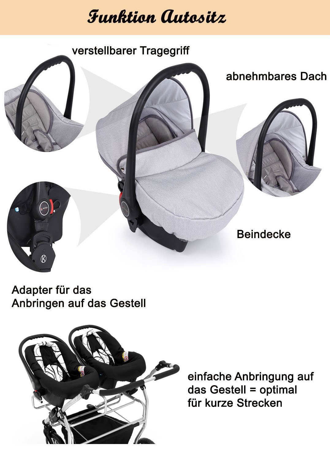 1 bis inkl. - von 20 und in Iso - Autositze Jahre Zwillingskinderwagen Elcar Zwillings-Kombikinderwagen 4 Teile 4 in Bases 14 Geburt Duo Beige-Braun-Kreise Farben