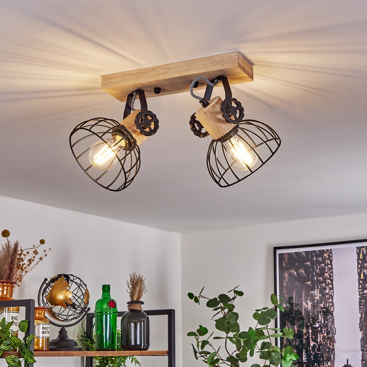 hofstein Deckenleuchte »Cotes« Deckenlampe, Holz/Metall, Natur/Schwarz Schirme, Gitter-Optik, ohne Leuchtmittel, Leuchte m. Holzbalken, Textilkabeln u. verstellbaren Strahlern, 2xE27