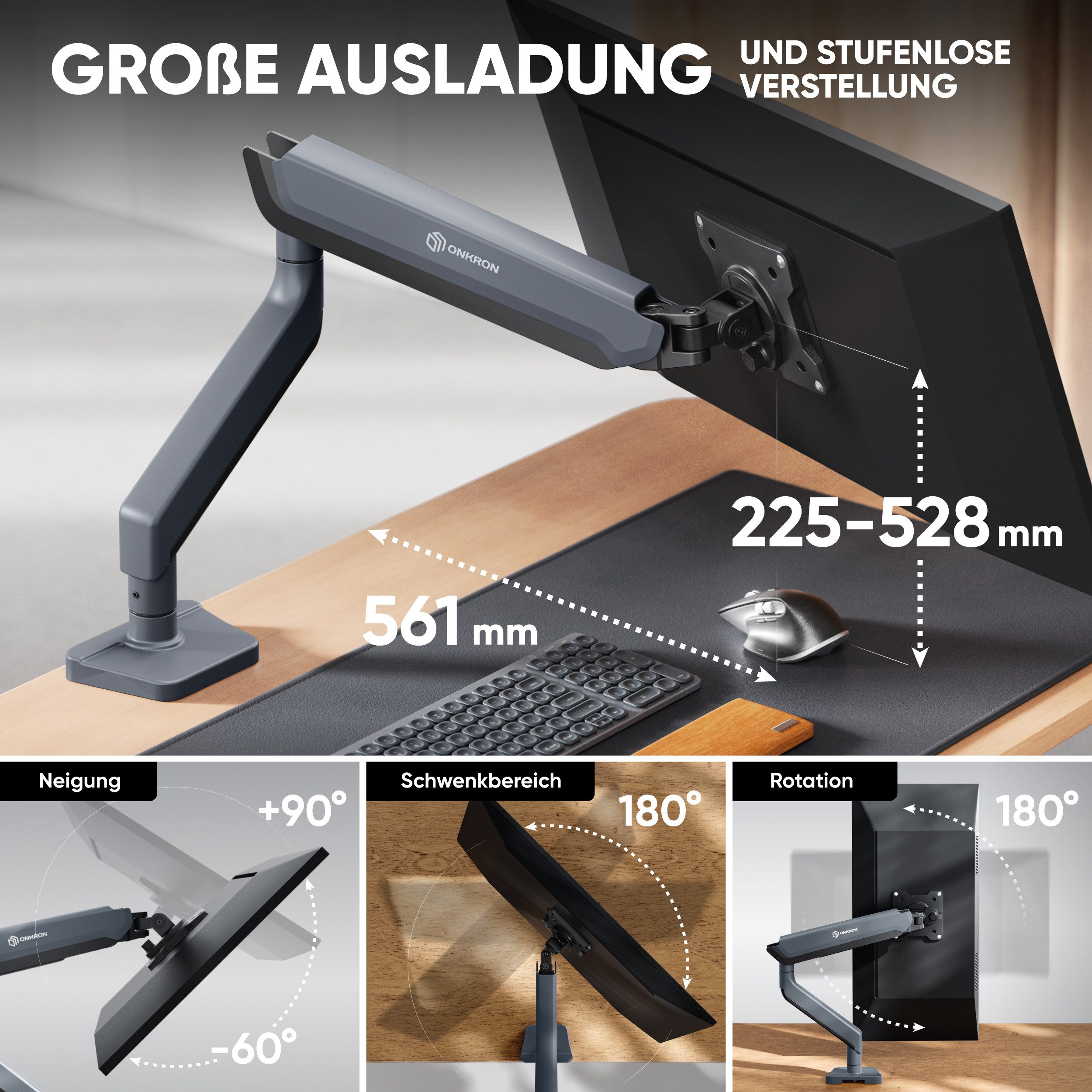 ONKRON Monitor-Halterung 17-45 Zoll, bis 15 kg, VESA 75x75-100x100, G95-G, (bis 45 Zoll, neigbar, schwenkbar, drehbar, Kabelmanagement)