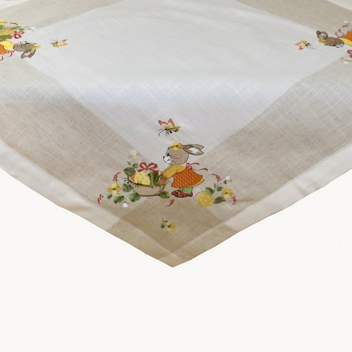 TextilDepot24 Tischdecke mit Stickerei Hasenmädchen in Leinenoptik bestickt