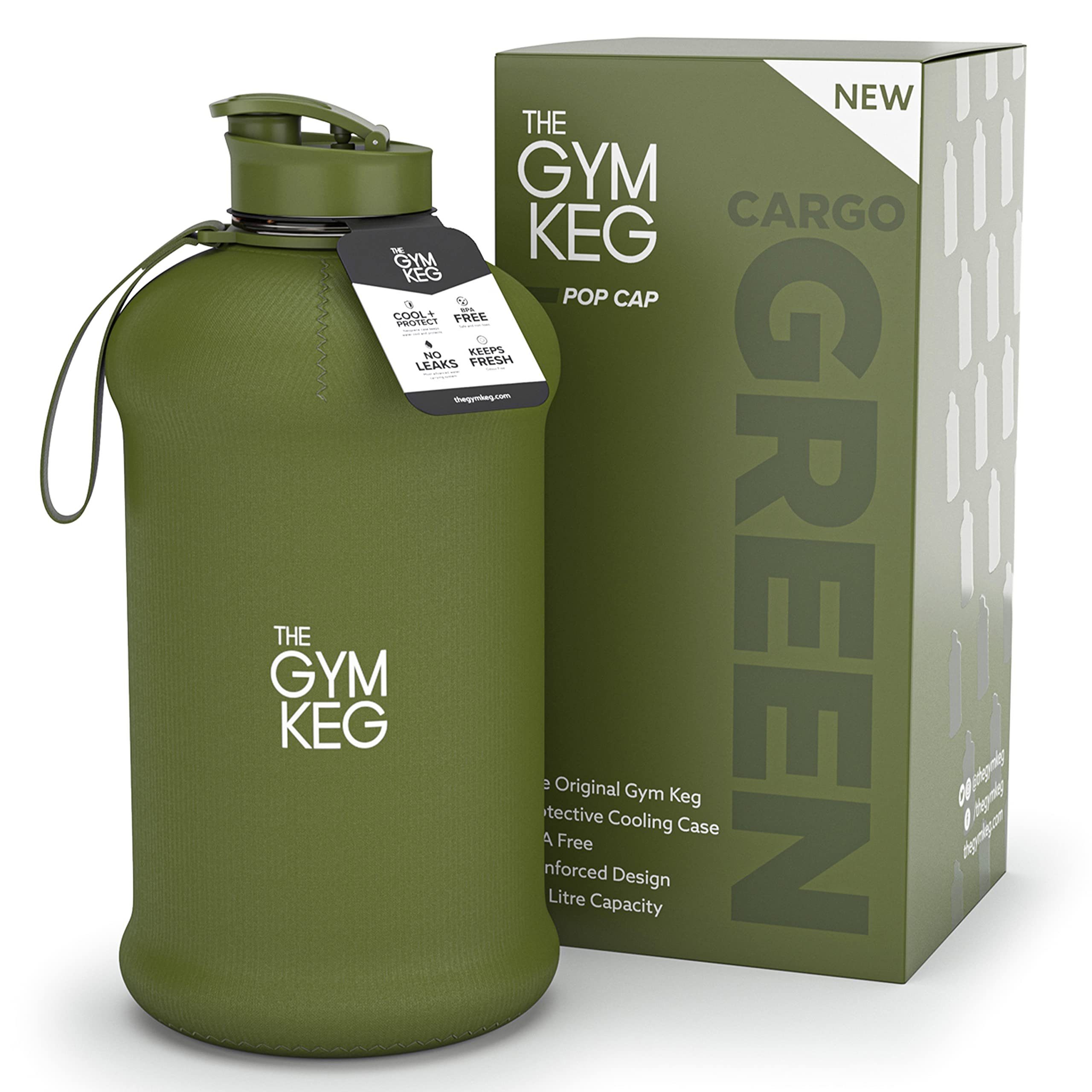 The Gym Keg Trinkflasche 2.2L Gym Trinkflasche mit Neoprene Sleeve und Griff, Wiederverwendbar, Cargo Green 2.2 Liter