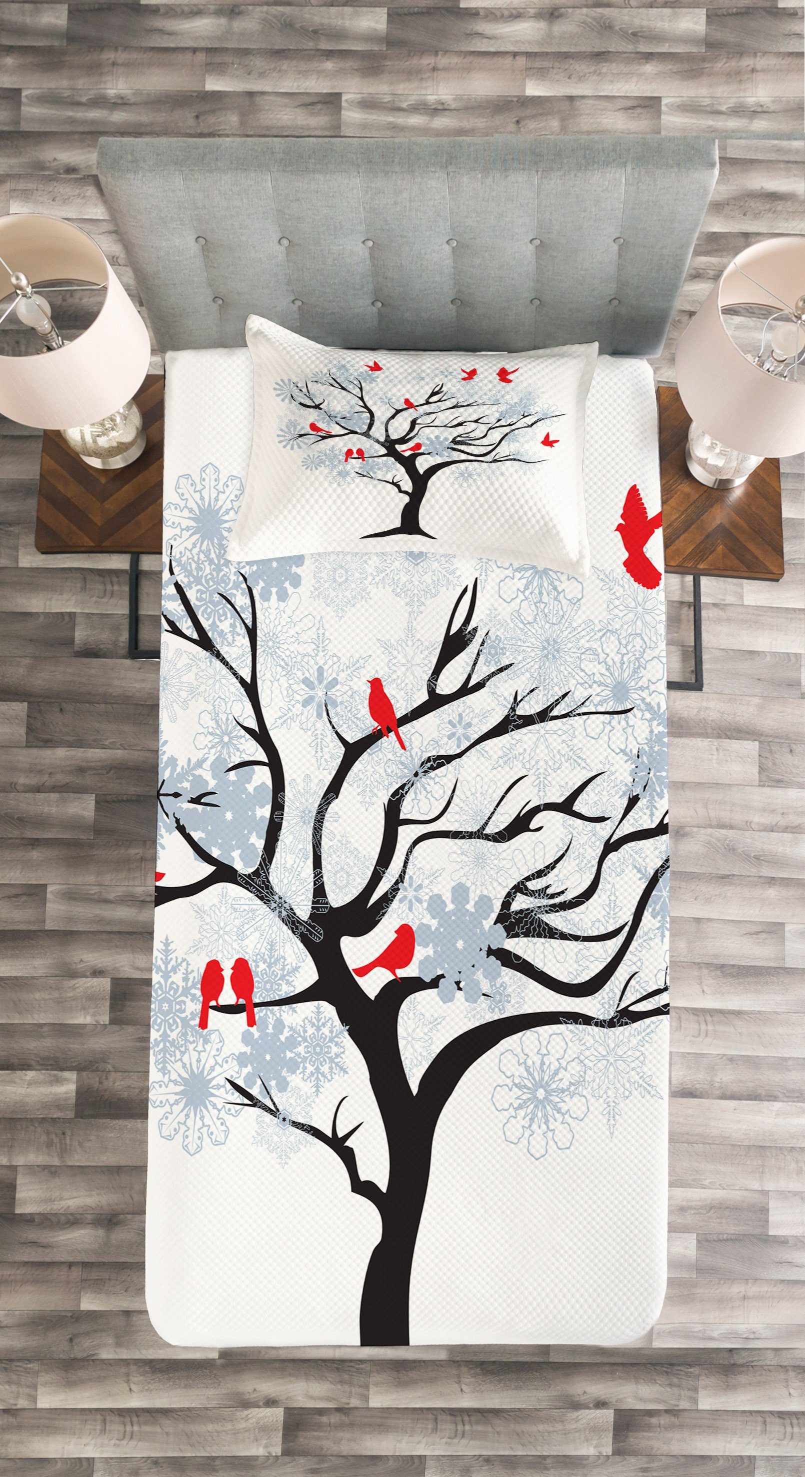 Snowy-Bäume Abakuhaus, Tagesdecke Set auf mit einem Vogel-Fliegen Kissenbezügen Baum Waschbar,