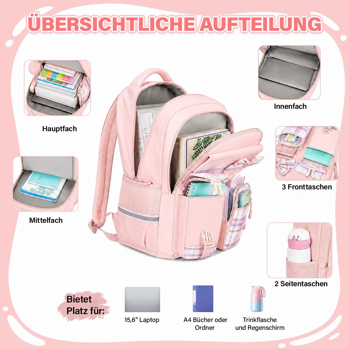 MOPUEA Schulrucksack Schulrucksack Set Schultasche 3-teilig mit Lunchtasche Federmappe (Set, 3-tlg., Atmungsaktiv Wasserabweisender), Leicht Schulrucksack Teena – Bild 4 von 5