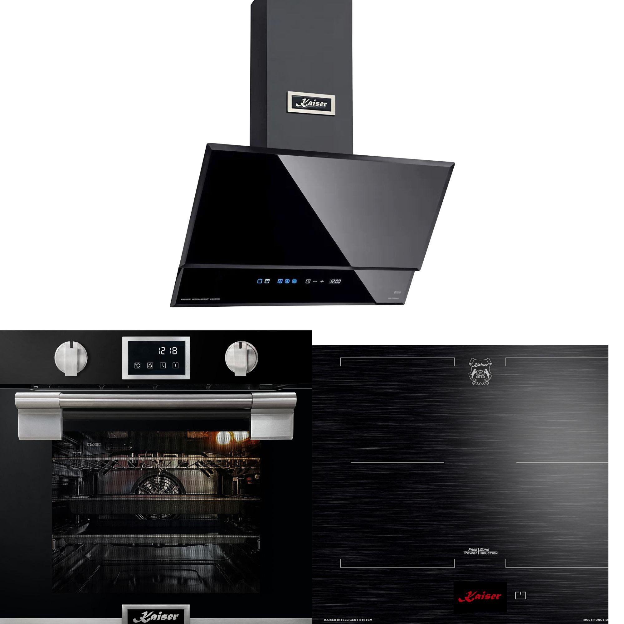 Kaiser Küchengeräte Backofen-Set Herd Set Autark Einbau Backofen 79L Pyrolyse SOFTCLOSE-System 11 Fkt. Temperatursonde mit Induktionskochfeld 60 cm FREE ZONE mit 2 FLEX Induktions-Zonen TFT Display+Dunstabzugshaube 60 cm, Schwarz Glas, 1250 m³/h EH 6338 S+KCT 6140 FI+AT 6410 F ECO, mit 1-fach-Teleskopauszug