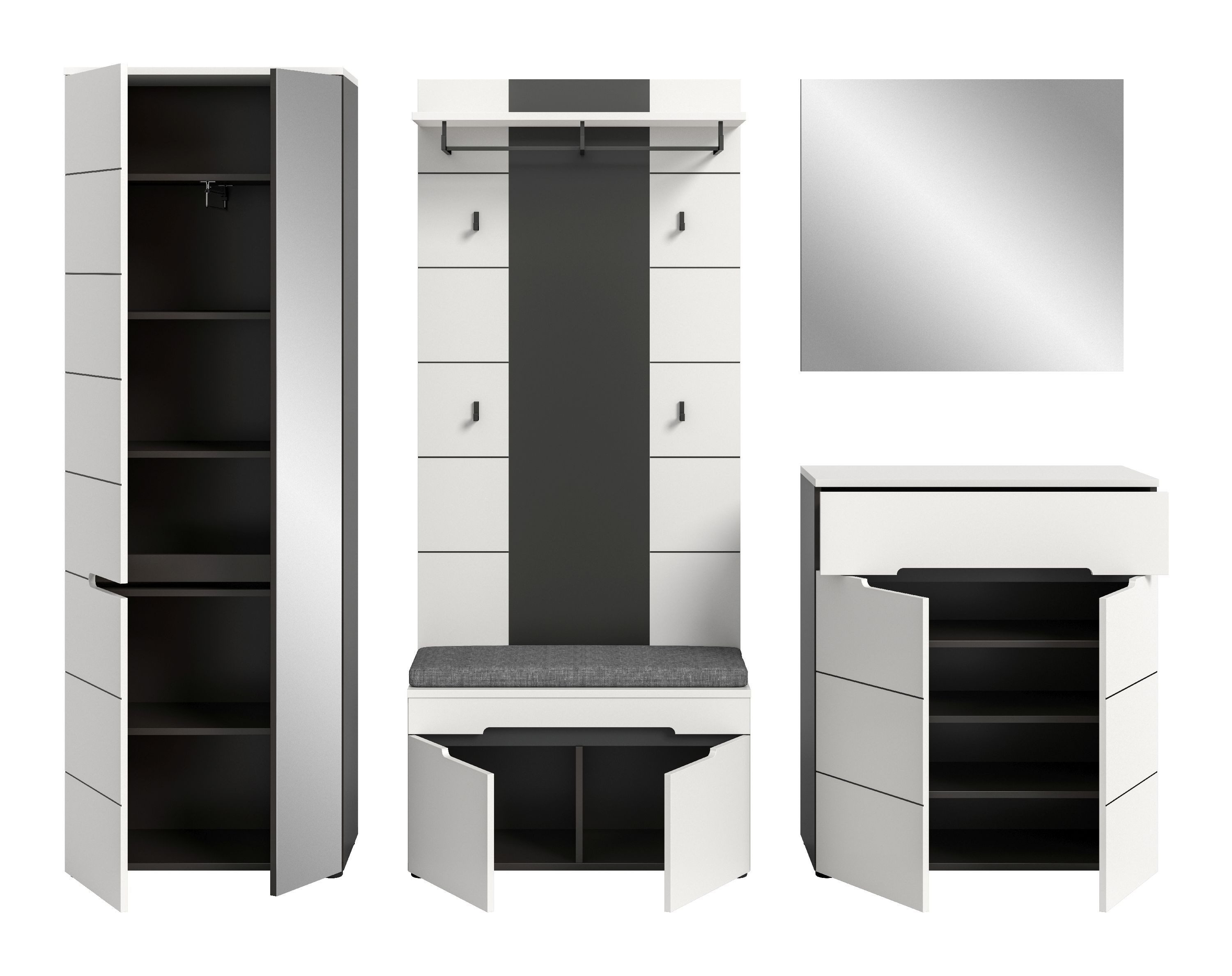 xonox.home Garderoben-Set, (6tlg. Set inkl. Garderobenschrank, Sitzbank, Paneel, Schuhkommode), Basalt grau Nachbildung Melamin beschichtet modern 255x190x37 cm