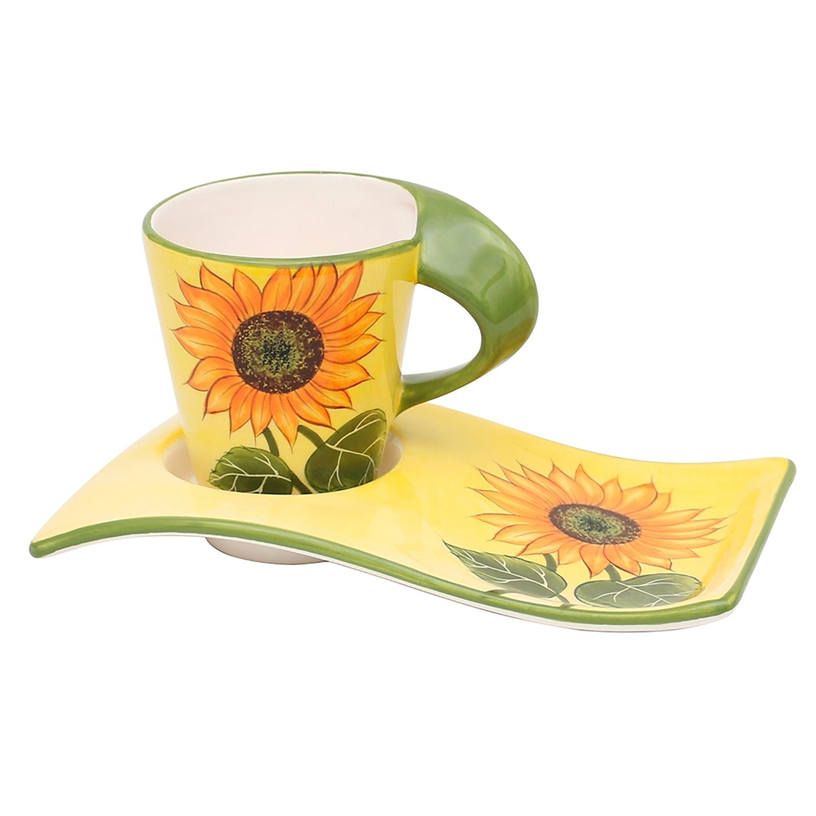 Neuetischkultur Tasse Keramik mit modern Unterteller, Kaffeetasse Sonnenblume