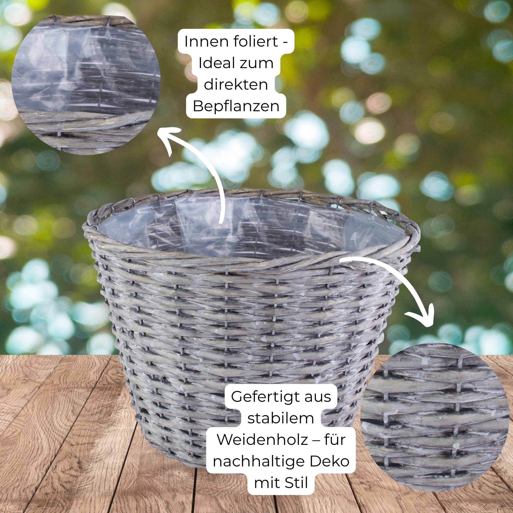 matches21 HOME & HOBBY Blumentopf Weidekorb Pflanzgefäß rund foliert grau gewaschen 1 Stk Ø 14 cm (1 St), Blumentopf für Balkon, Garten und Indoor – Bild 3 von 5